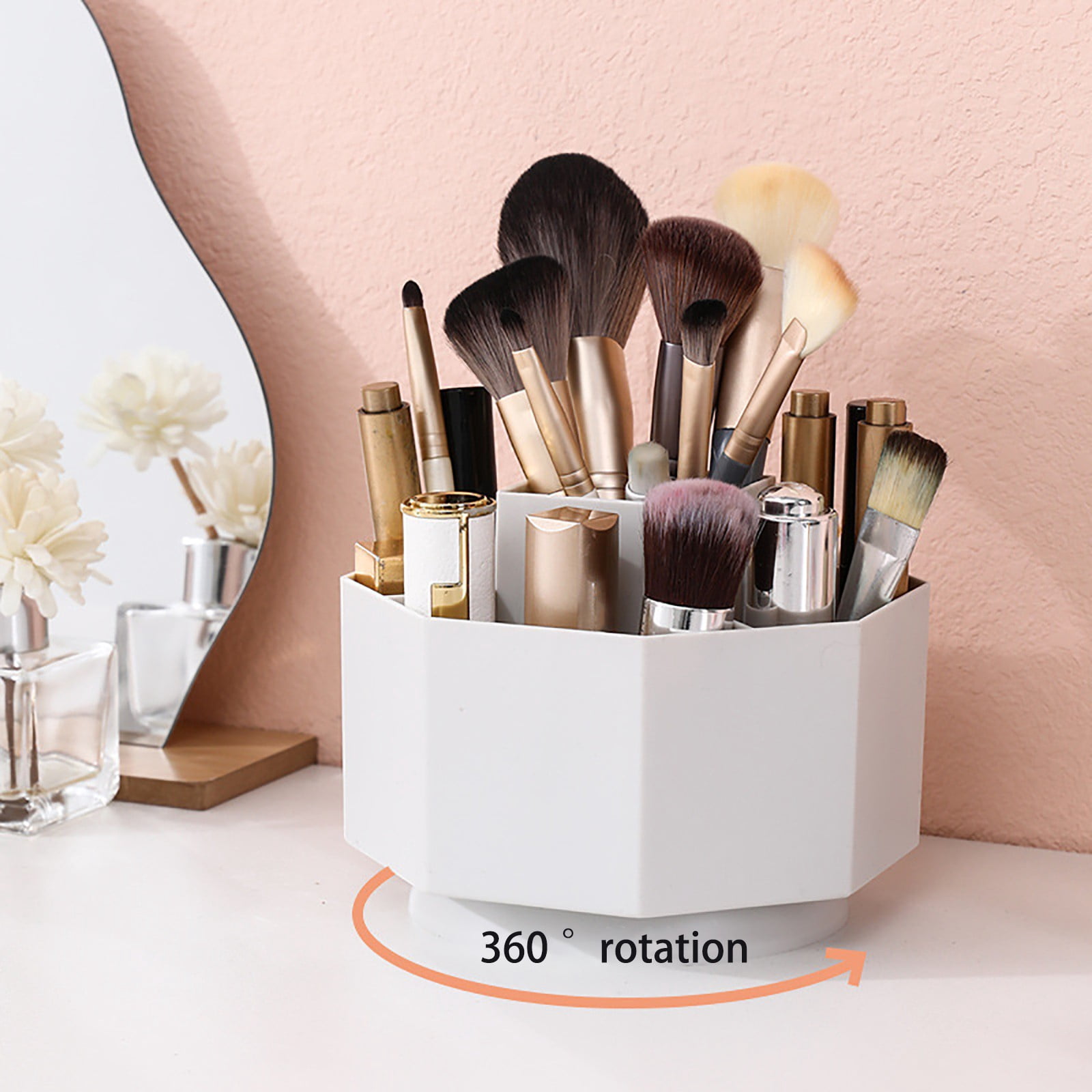 Large Capacity Rotating Pen Holder, Desktop Organizer for Office Supplies, Cosmetics Brushes, 5-Slot Plastic Storage Basket for Desk, Dorm, Kitchen Counter White 5.51x5.51x4.52' 5.51