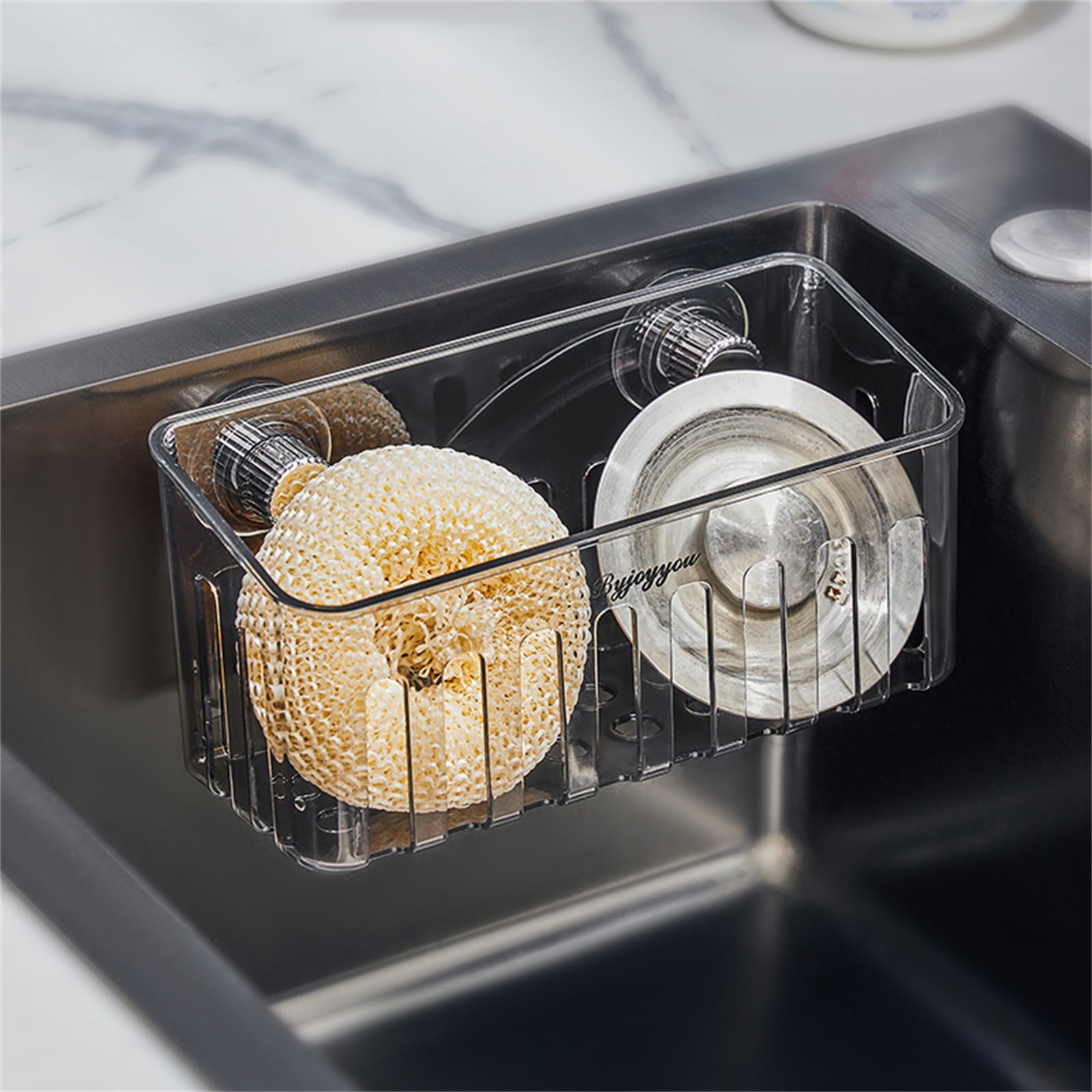 Kitchen Sponge Holder with Suction Cups, Removable Sink Caddy Organizer for Brushes, Dishcloths, Stainless Steel Drain Rack for Countertops Clear2 3.43x7.48' 3.43