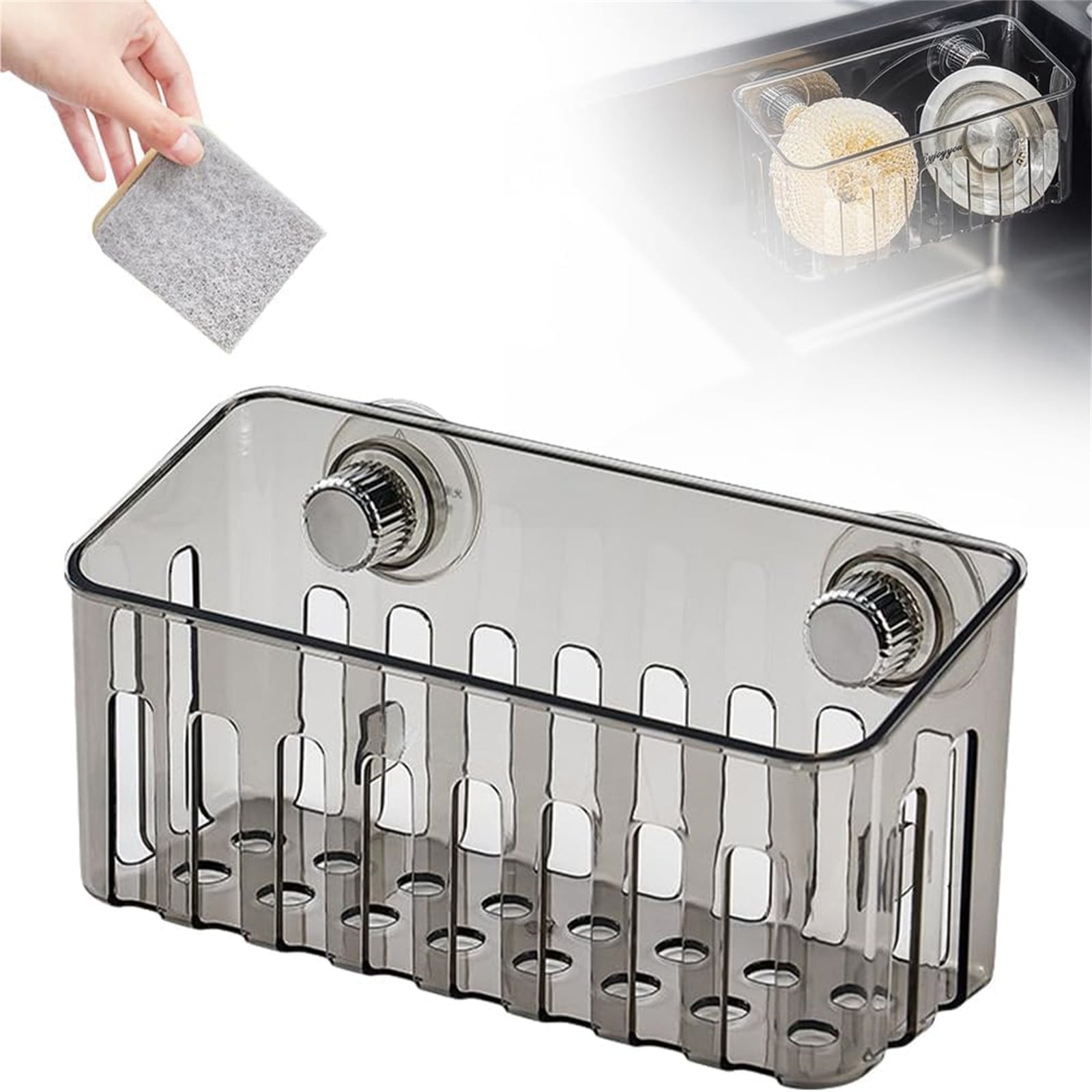 Kitchen Sponge Holder with Suction Cups, Removable Sink Caddy Organizer for Brushes, Dishcloths, Stainless Steel Drain Rack for Countertops Clear2 3.43x7.48' 3.43