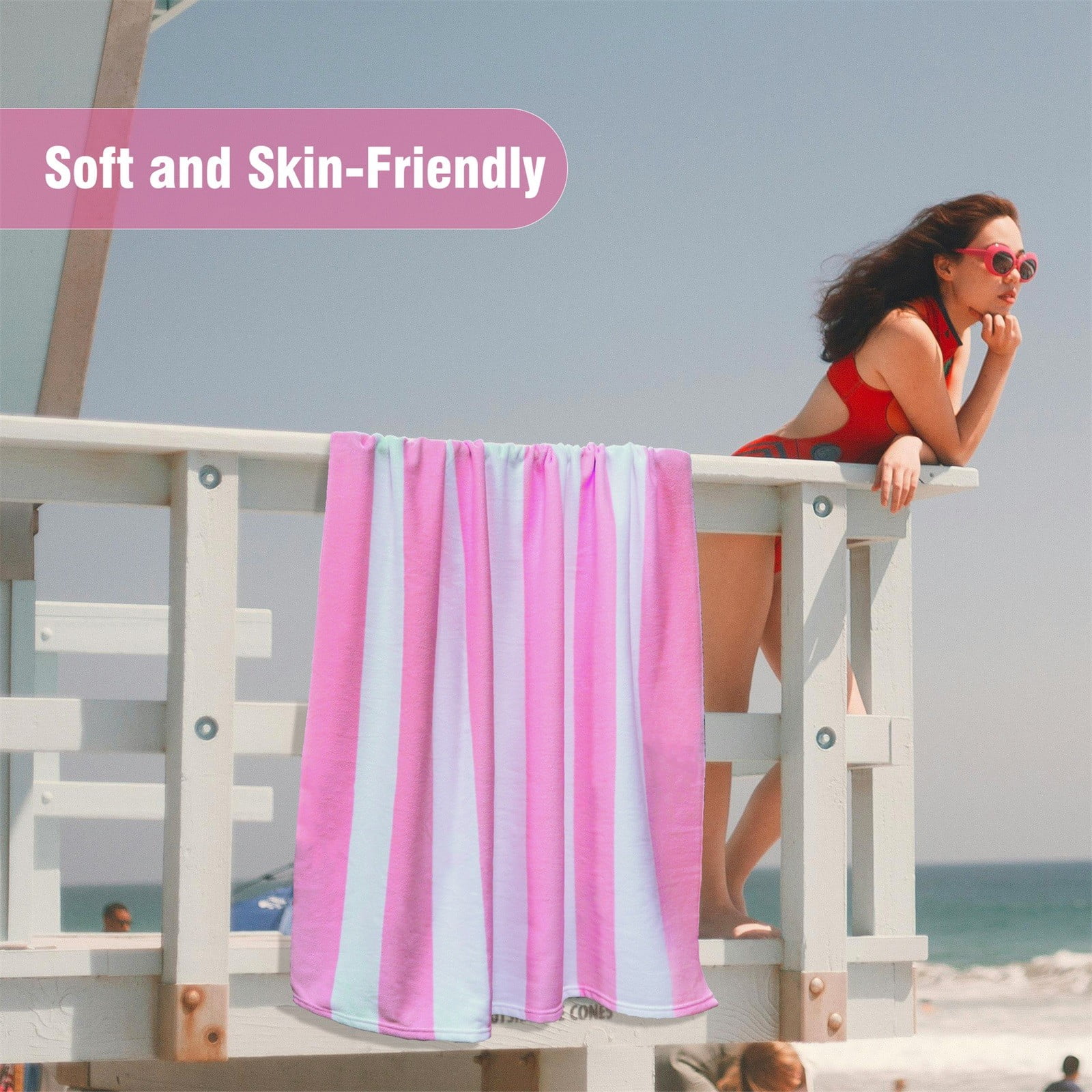 Large Oversized Beach Towel - Big Size Cotton 35 x 70 Inch Striped Pool Towel, Large Cabana Soft Swimming Towel for Adult Men Women, (Light Blue) 35