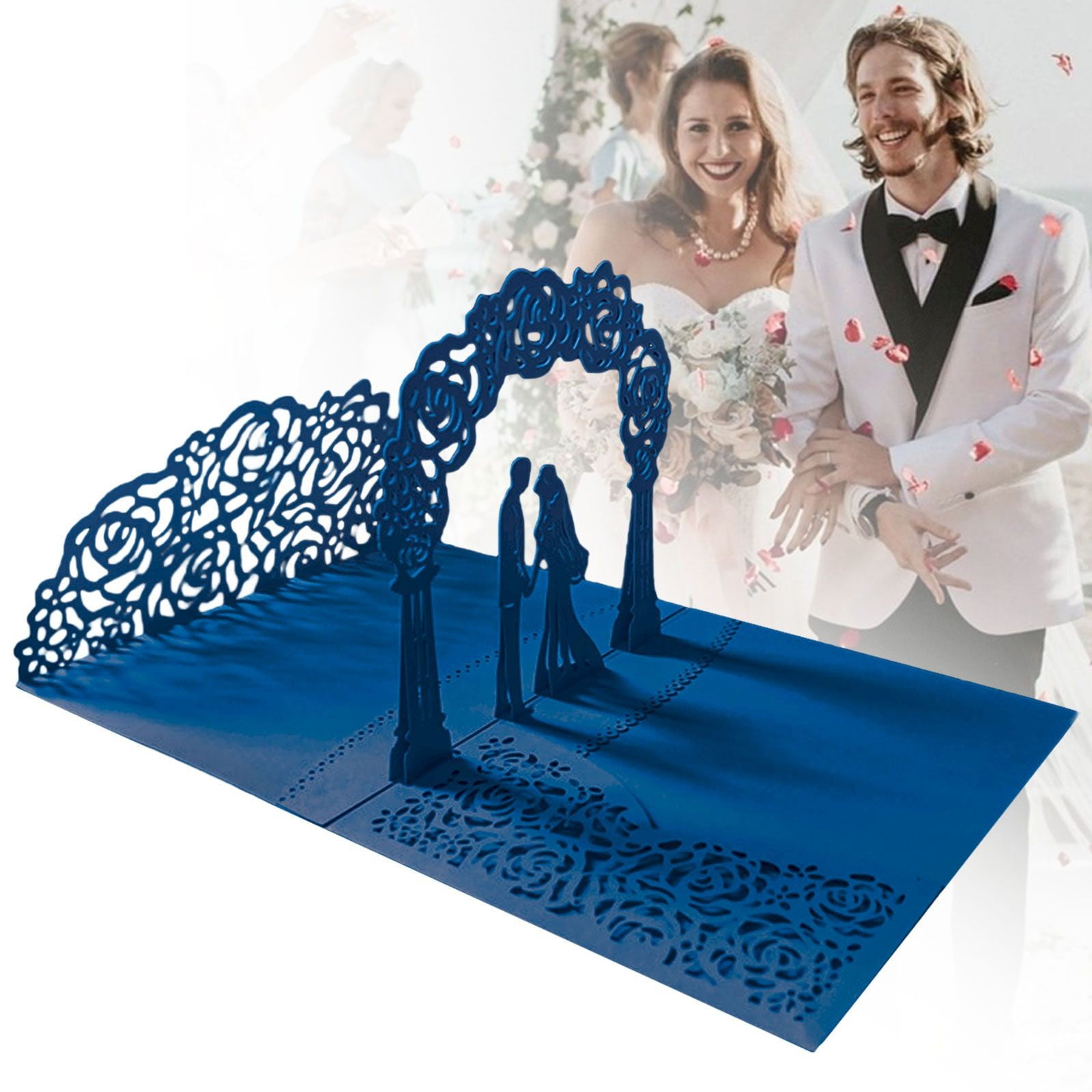 Wedding Cards for Bride and Groom - Pop-Up Congratulations Card with Money Holder for Cash Gift – Elegant Marriage Card for Son & Daughter in Law (Dark Blue) 5.12x7.09 5.12