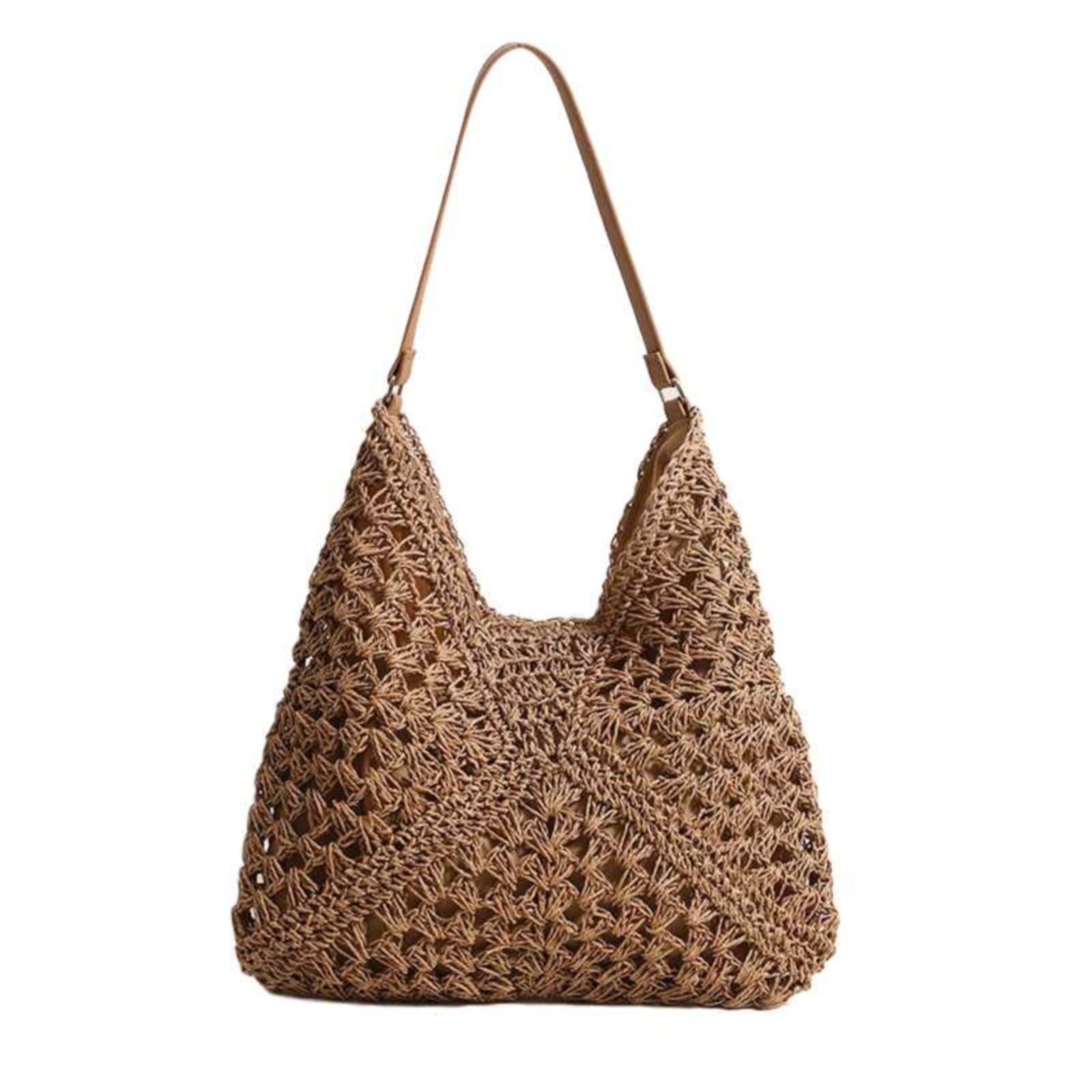 Straw Beach Bag for Women Summer Woven Beach Tote Bag Shoulder Handbags Boho Bag, (Black) 14.96x10.63 14.96
