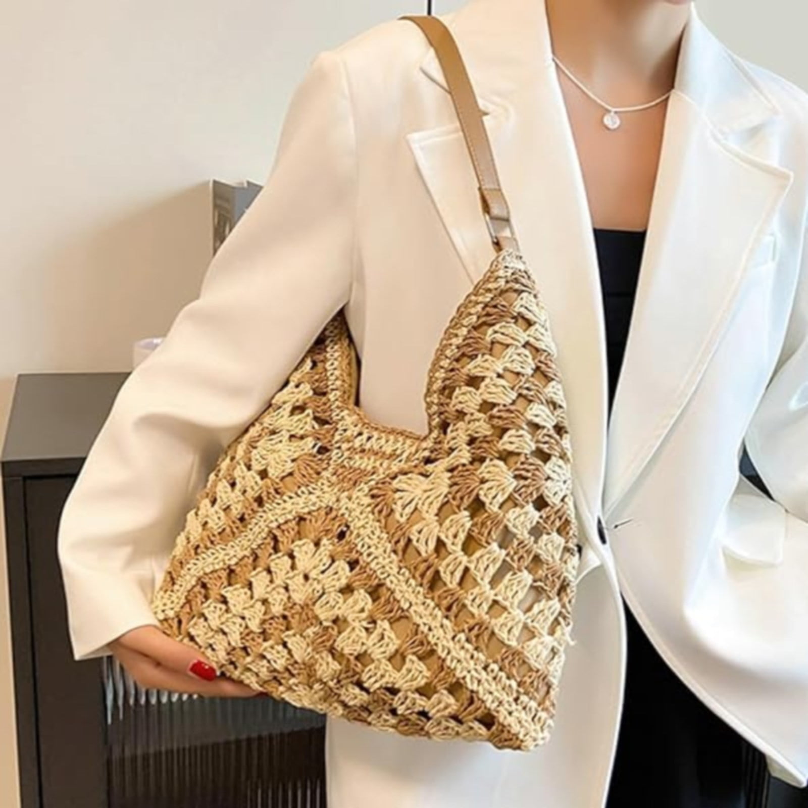 Straw Beach Bag for Women Summer Woven Beach Tote Bag Shoulder Handbags Boho Bag, (Black) 14.96x10.63 14.96
