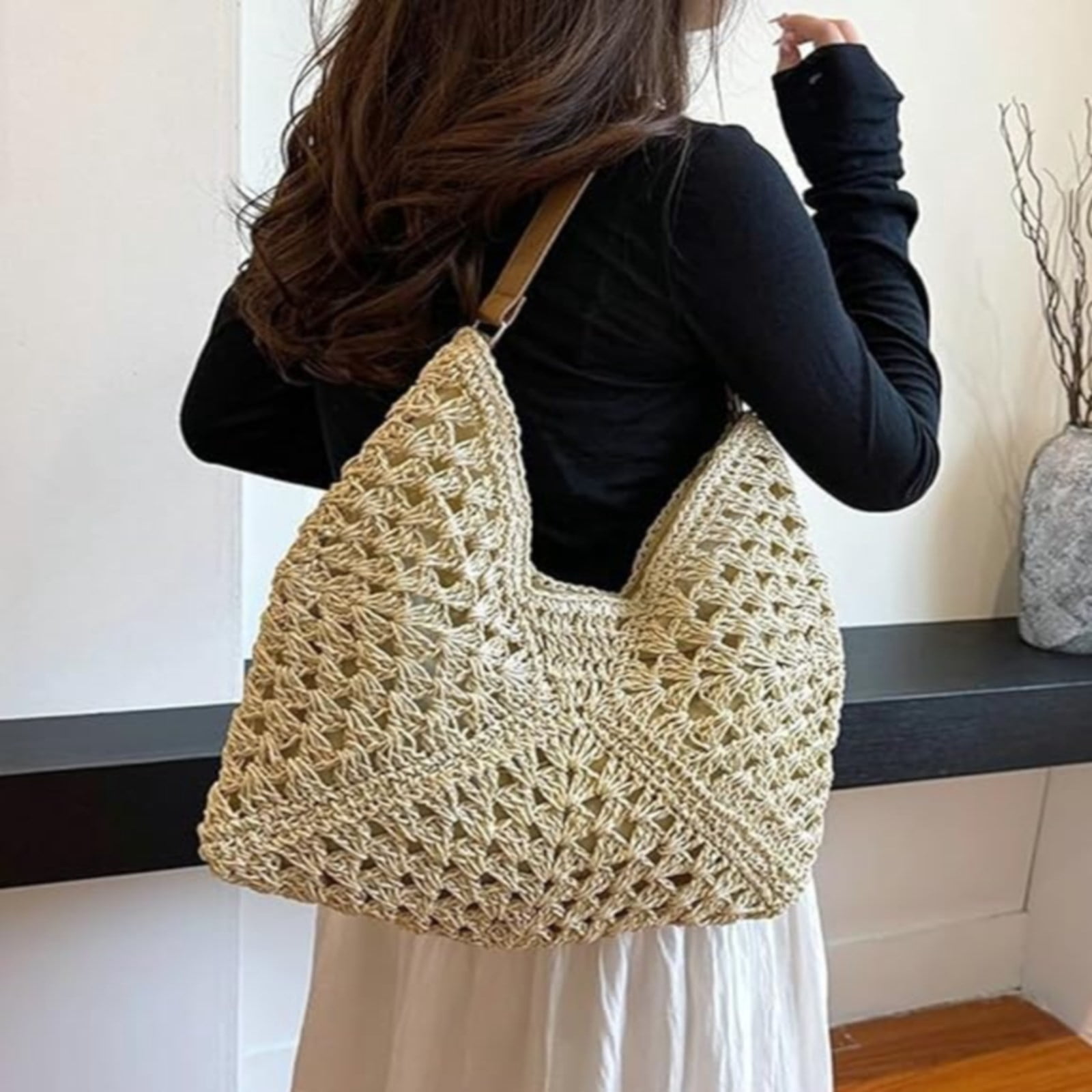 Straw Beach Bag for Women Summer Woven Beach Tote Bag Shoulder Handbags Boho Bag, (Black) 14.96x10.63 14.96