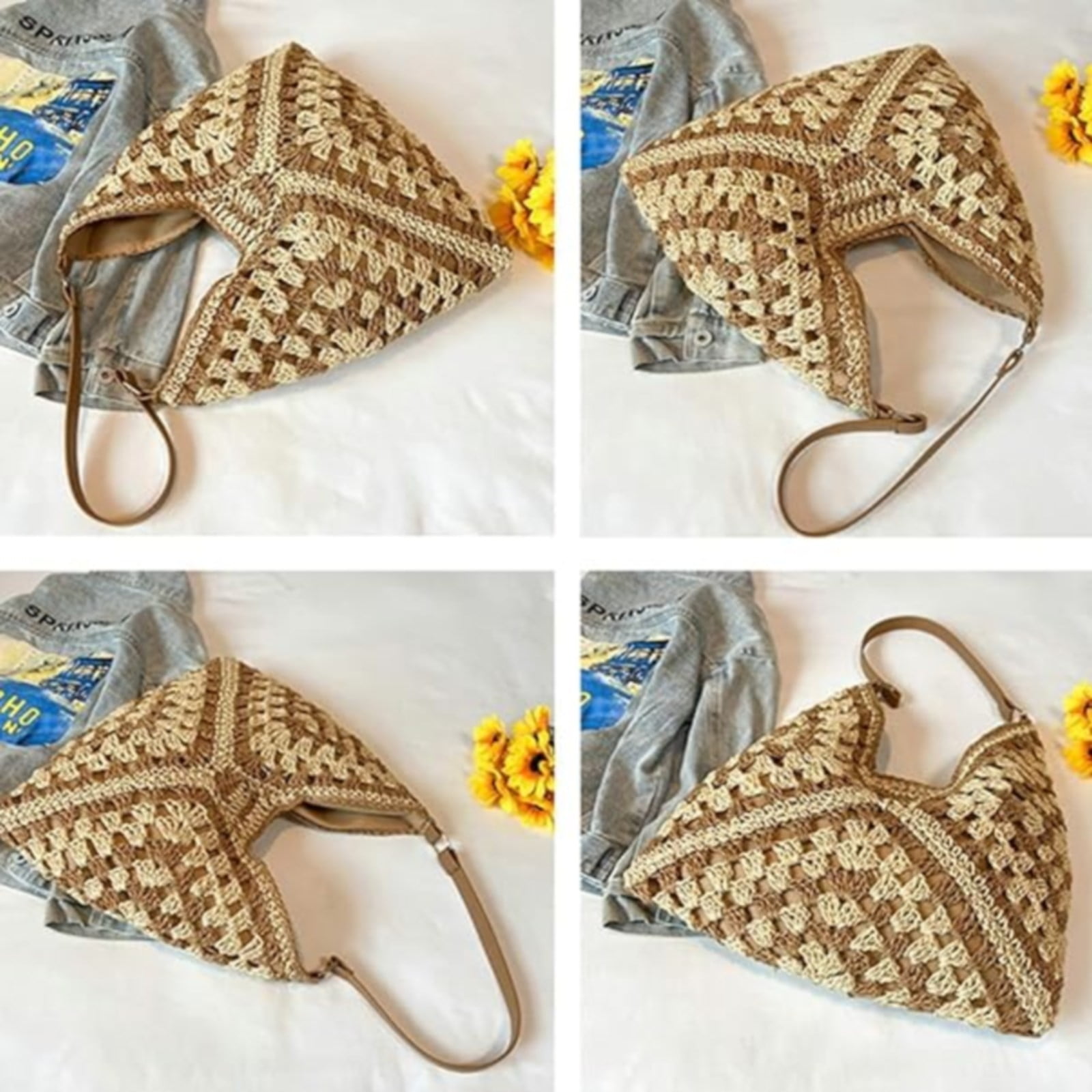 Straw Beach Bag for Women Summer Woven Beach Tote Bag Shoulder Handbags Boho Bag, (Black) 14.96x10.63 14.96