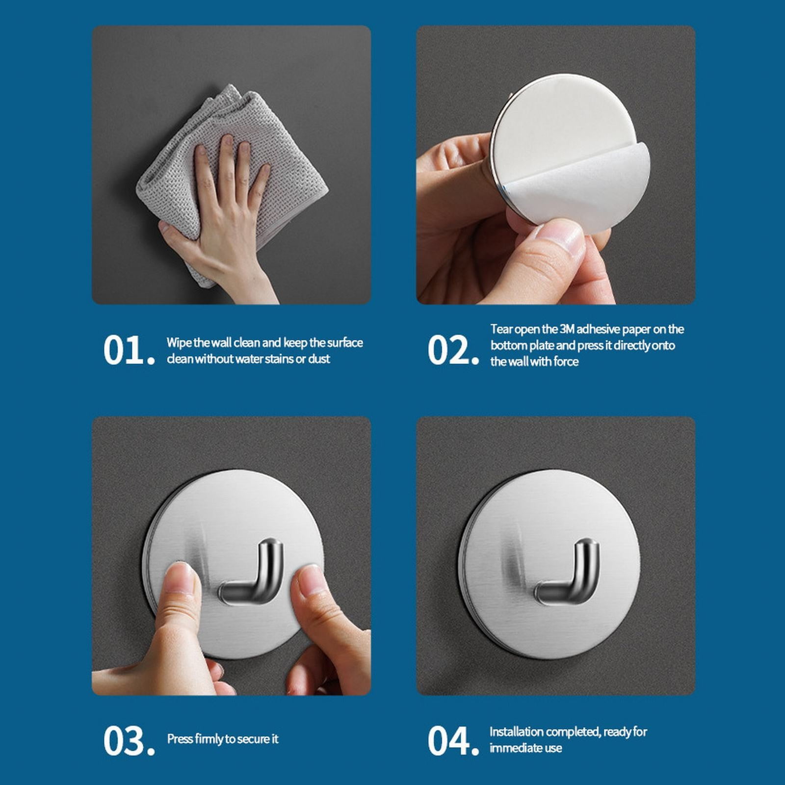 Adhesive Hooks Heavy Duty Waterproof in Shower Hooks for Hanging Loofah, Towels Clothes for Bathroom Removable Stainless Steel Brush Nickel Adhesive Wall Hooks 4 Pcs (Sliver) 1.8x1.8 1.8