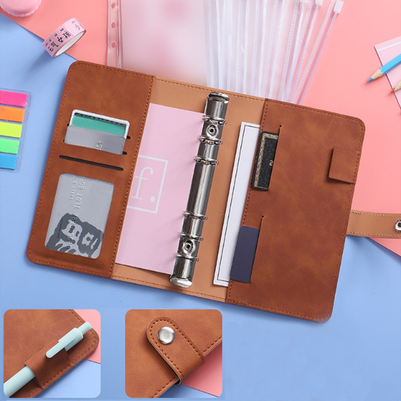 A6 PU Leather Notebook Binder Planner Budget Organizer Round Ring Binder Cover Magnetic Personal Planner Binder with 12 Binder Pocket Binder Zipper Folder for Bill Planner (Red) 4.92x7.48 4.92