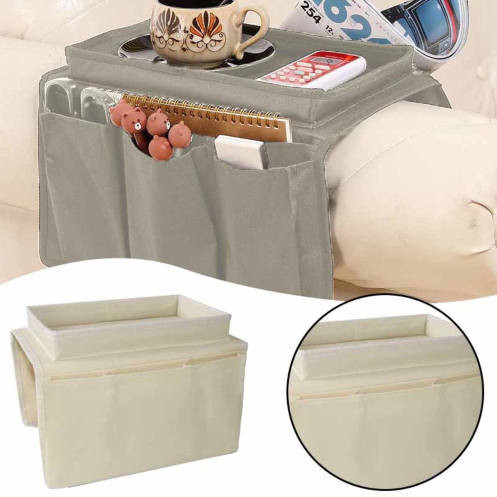 Sofa Armrest Organizer with Cup Holder - TV Remote Holder for Recliner & Couch | Armchair Caddy with Storage Pockets | Holds Cellphone, Tablet, Books, Magazines & Drinks Side Storage Bag(Black) Beige - Image 2