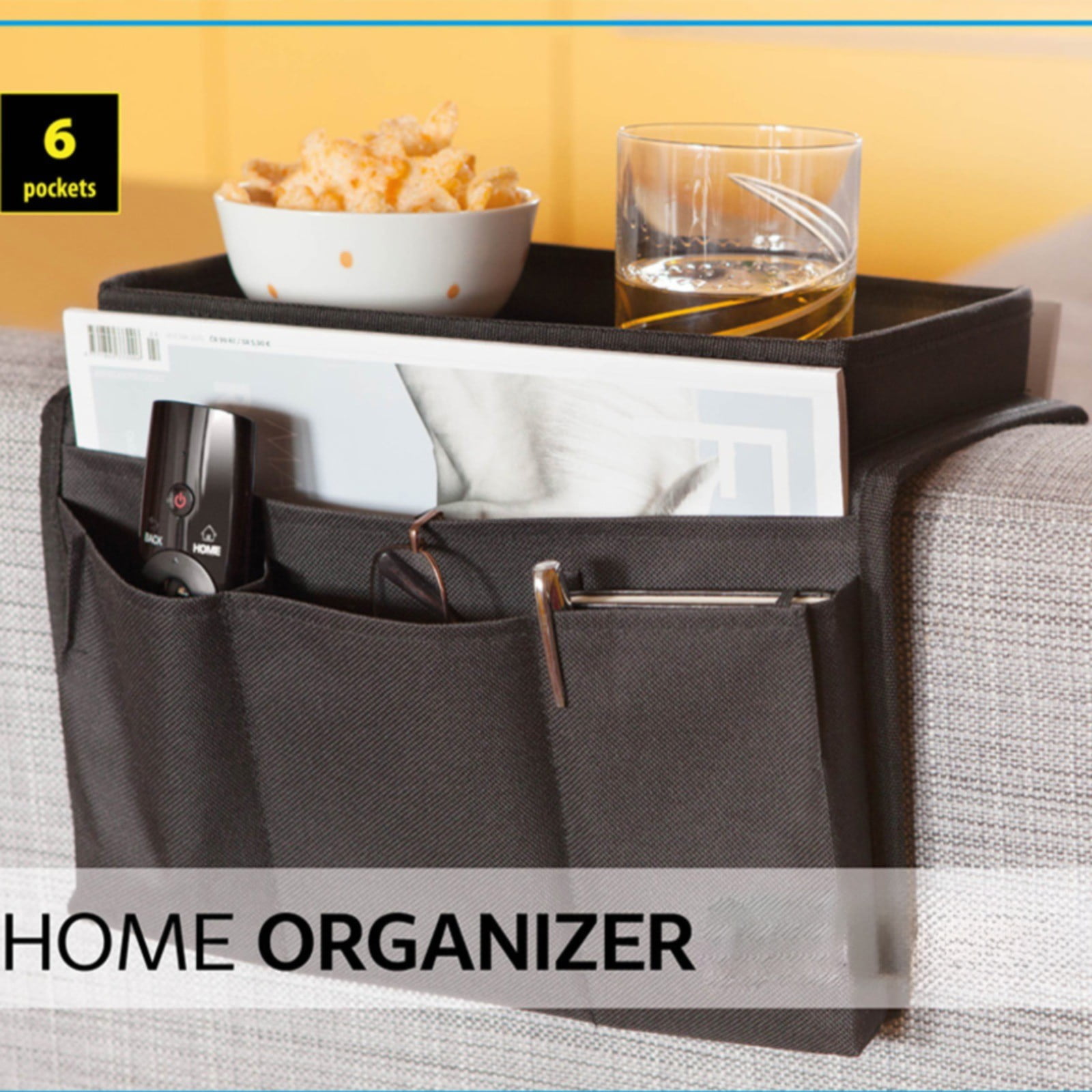 Sofa Armrest Organizer with Cup Holder - TV Remote Holder for Recliner & Couch | Armchair Caddy with Storage Pockets | Holds Cellphone, Tablet, Books, Magazines & Drinks Side Storage Bag(Black) Beige - Image 4