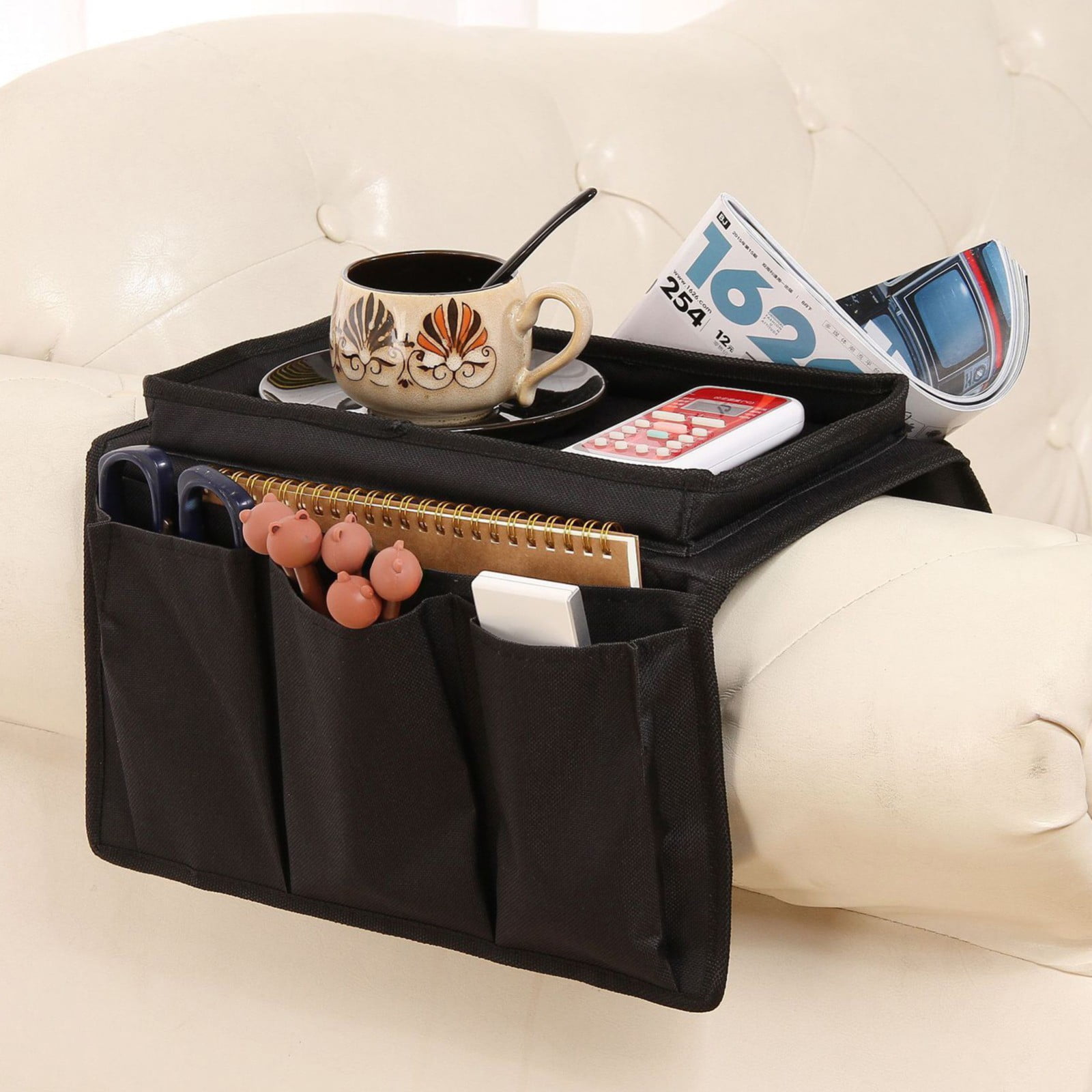 Sofa Armrest Organizer with Cup Holder - TV Remote Holder for Recliner & Couch | Armchair Caddy with Storage Pockets | Holds Cellphone, Tablet, Books, Magazines & Drinks Side Storage Bag(Black) Beige - Image 6