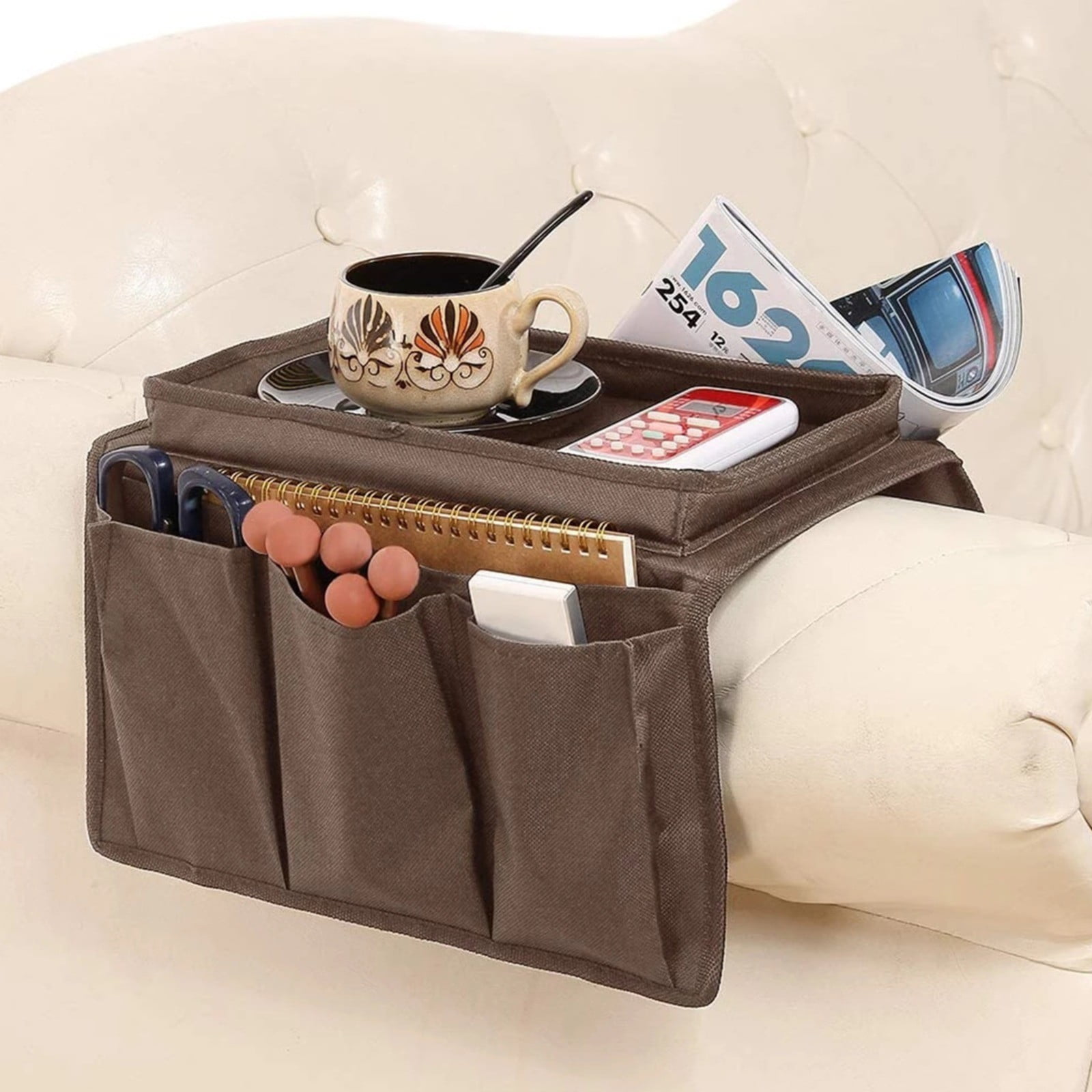 Sofa Armrest Organizer with Cup Holder - TV Remote Holder for Recliner & Couch | Armchair Caddy with Storage Pockets | Holds Cellphone, Tablet, Books, Magazines & Drinks Side Storage Bag(Black) Beige - Image 7
