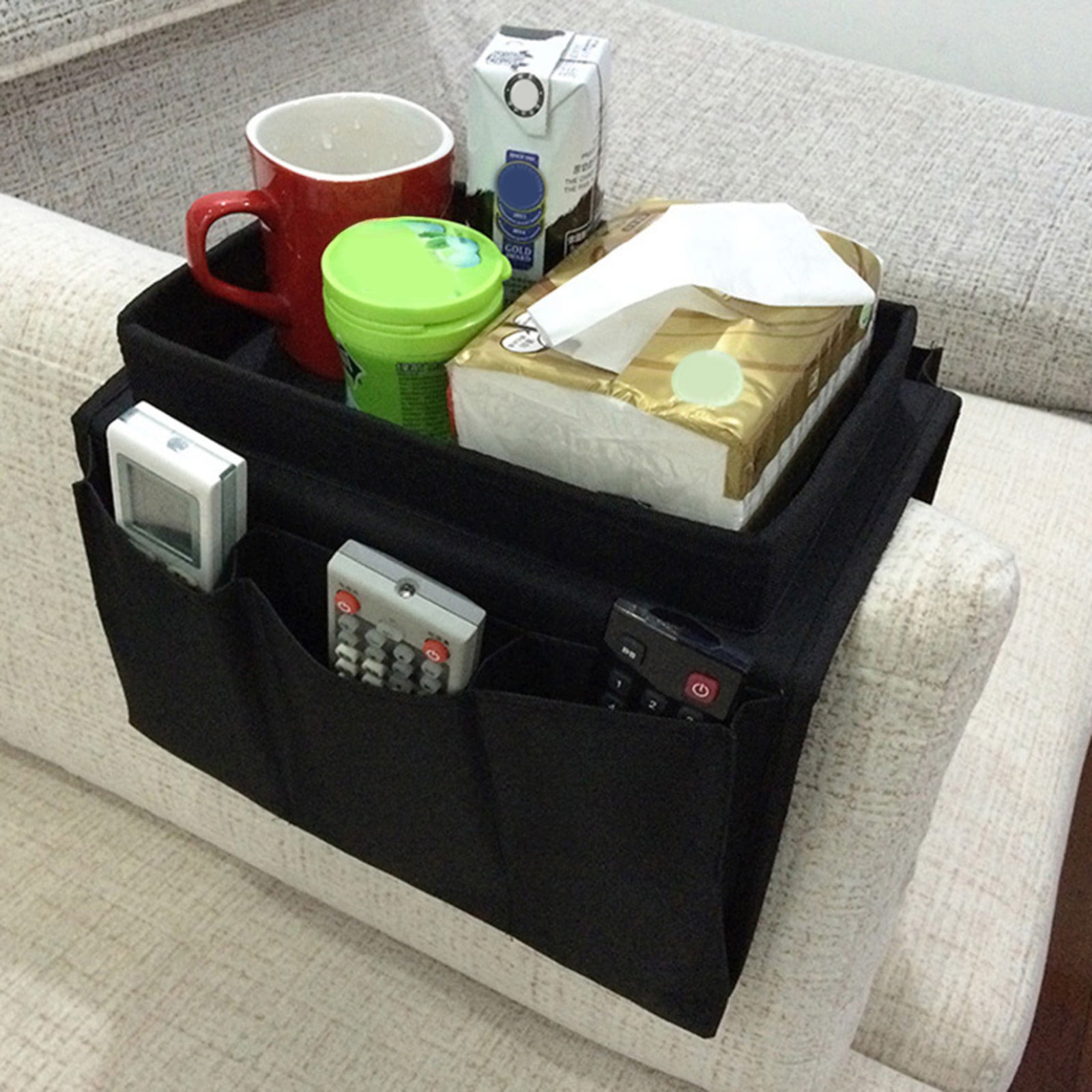 Sofa Armrest Organizer with Cup Holder - TV Remote Holder for Recliner & Couch | Armchair Caddy with Storage Pockets | Holds Cellphone, Tablet, Books, Magazines & Drinks Side Storage Bag(Black) Beige - Image 8