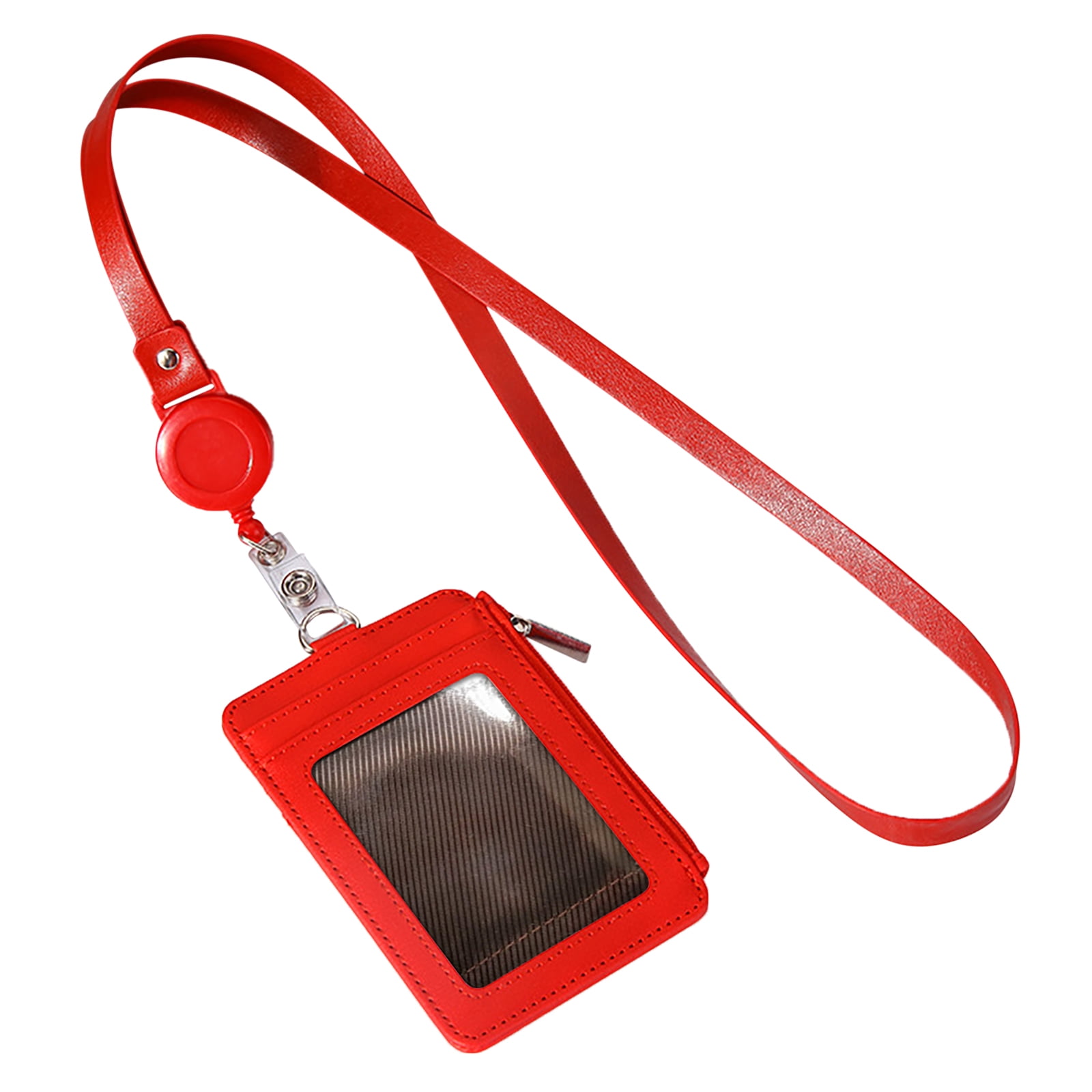 Slim PU Leather ID Badge Holder Wallet,with Zip, Neck Lanyard & Retractable Reel,ID Card Wallet, Badge Holder with Lanyard, PU Leather Badge Case, Retractable Badge Reel Holder(Red) Red - Image 1