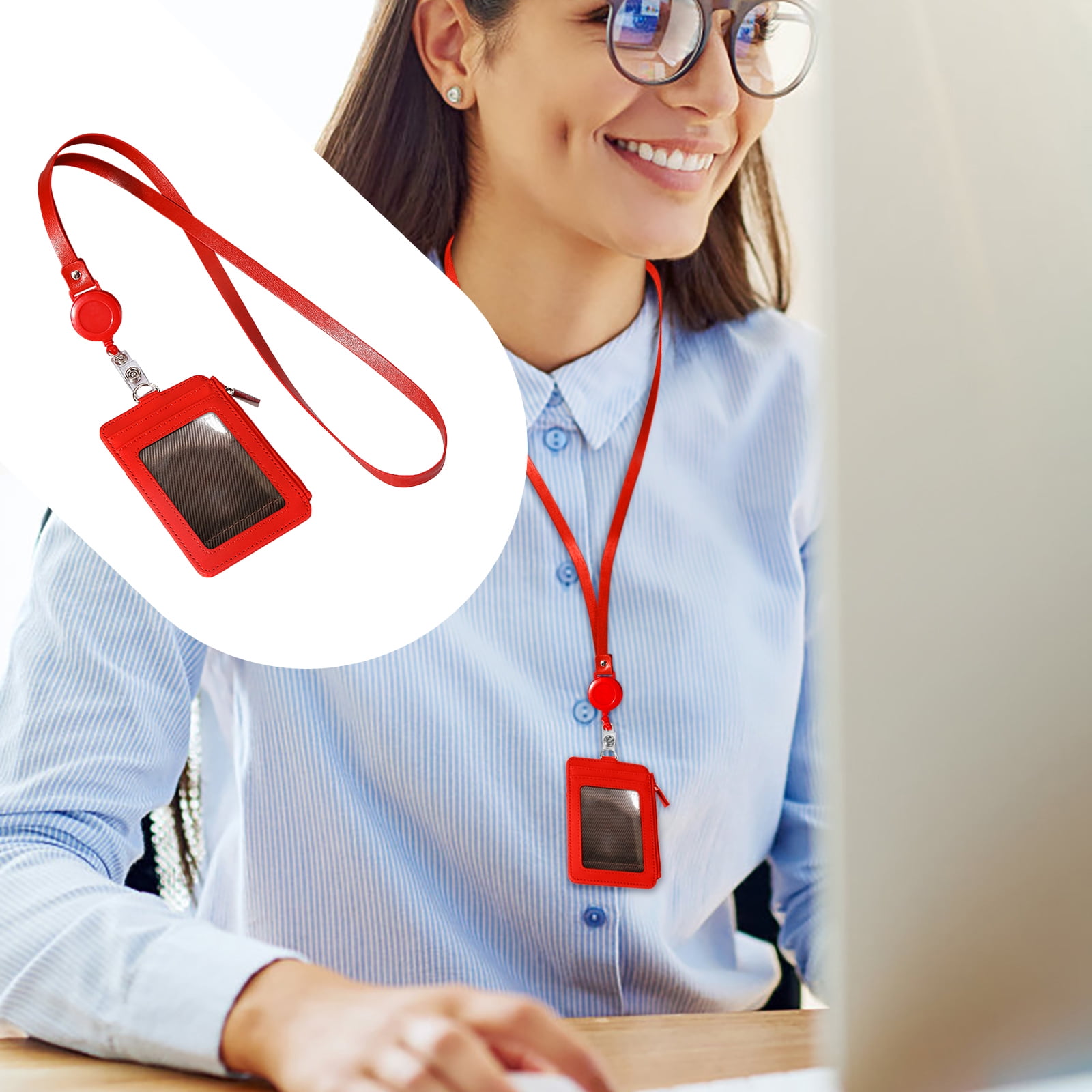 Slim PU Leather ID Badge Holder Wallet,with Zip, Neck Lanyard & Retractable Reel,ID Card Wallet, Badge Holder with Lanyard, PU Leather Badge Case, Retractable Badge Reel Holder(Red) Red - Image 2