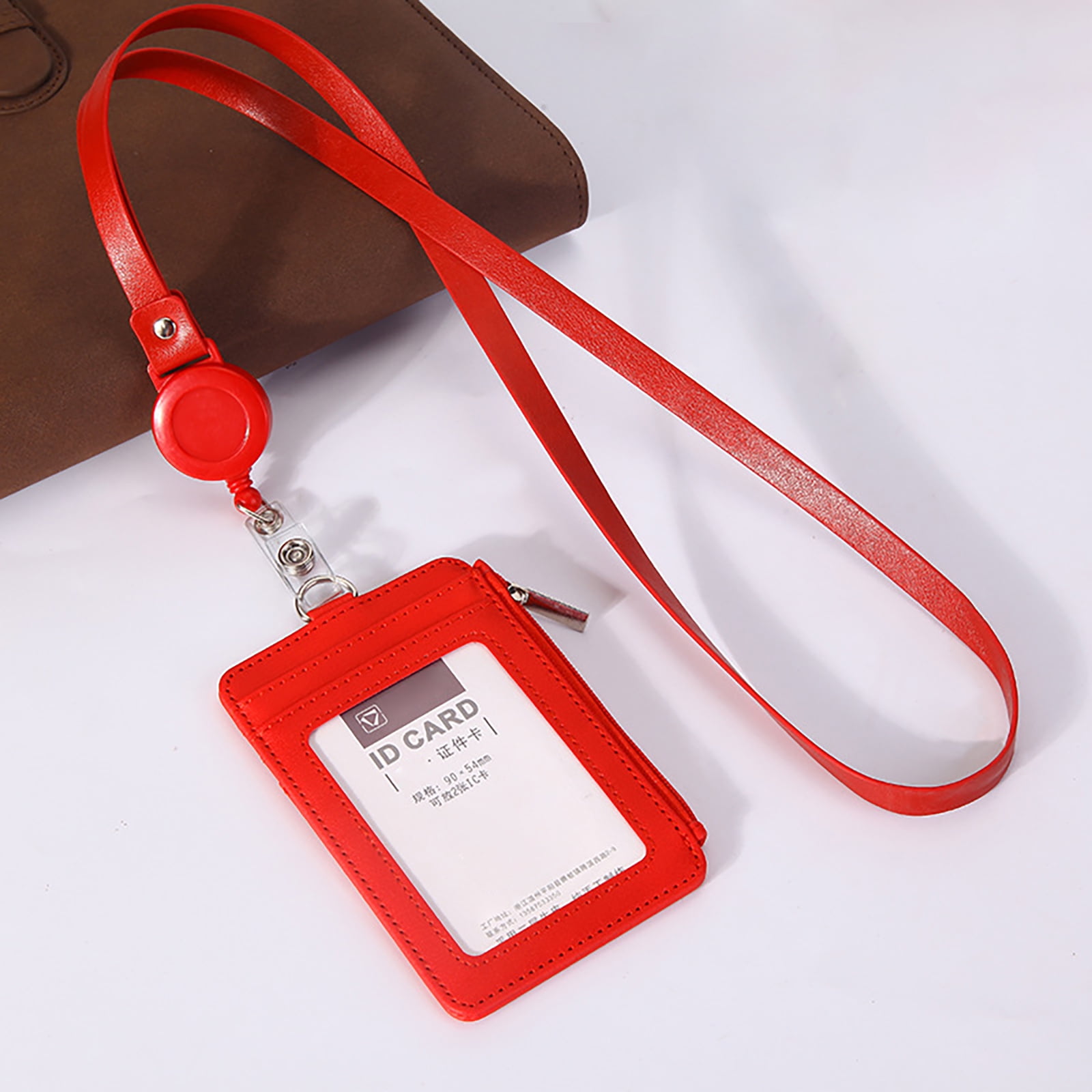 Slim PU Leather ID Badge Holder Wallet,with Zip, Neck Lanyard & Retractable Reel,ID Card Wallet, Badge Holder with Lanyard, PU Leather Badge Case, Retractable Badge Reel Holder(Red) Red - Image 4