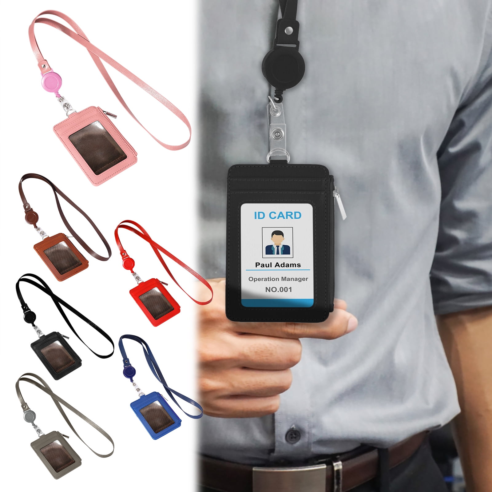 Slim PU Leather ID Badge Holder Wallet,with Zip, Neck Lanyard & Retractable Reel,ID Card Wallet, Badge Holder with Lanyard, PU Leather Badge Case, Retractable Badge Reel Holder(Red) Red - Image 5