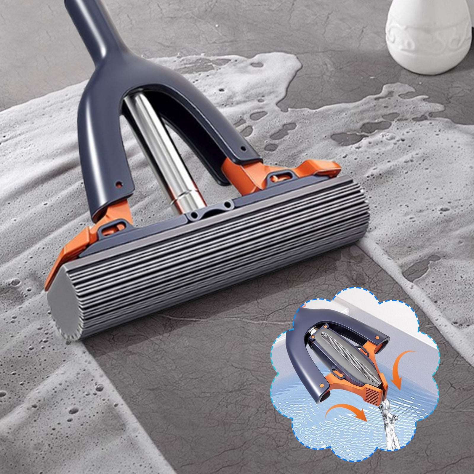 Sponge Mop with Roller Wringer Self Squeezing Floor Cleaner No Hand Contact Thickened Rubber Head for Tile Hardwood (37cm) - Image 1