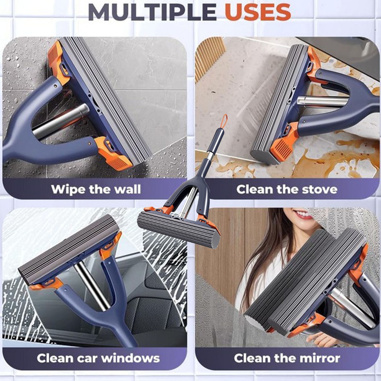 Sponge Mop with Roller Wringer Self Squeezing Floor Cleaner No Hand Contact Thickened Rubber Head for Tile Hardwood (37cm) - Image 6