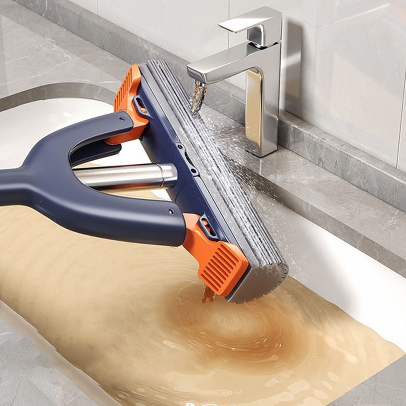 Sponge Mop with Roller Wringer Self Squeezing Floor Cleaner No Hand Contact Thickened Rubber Head for Tile Hardwood (37cm) - Image 7