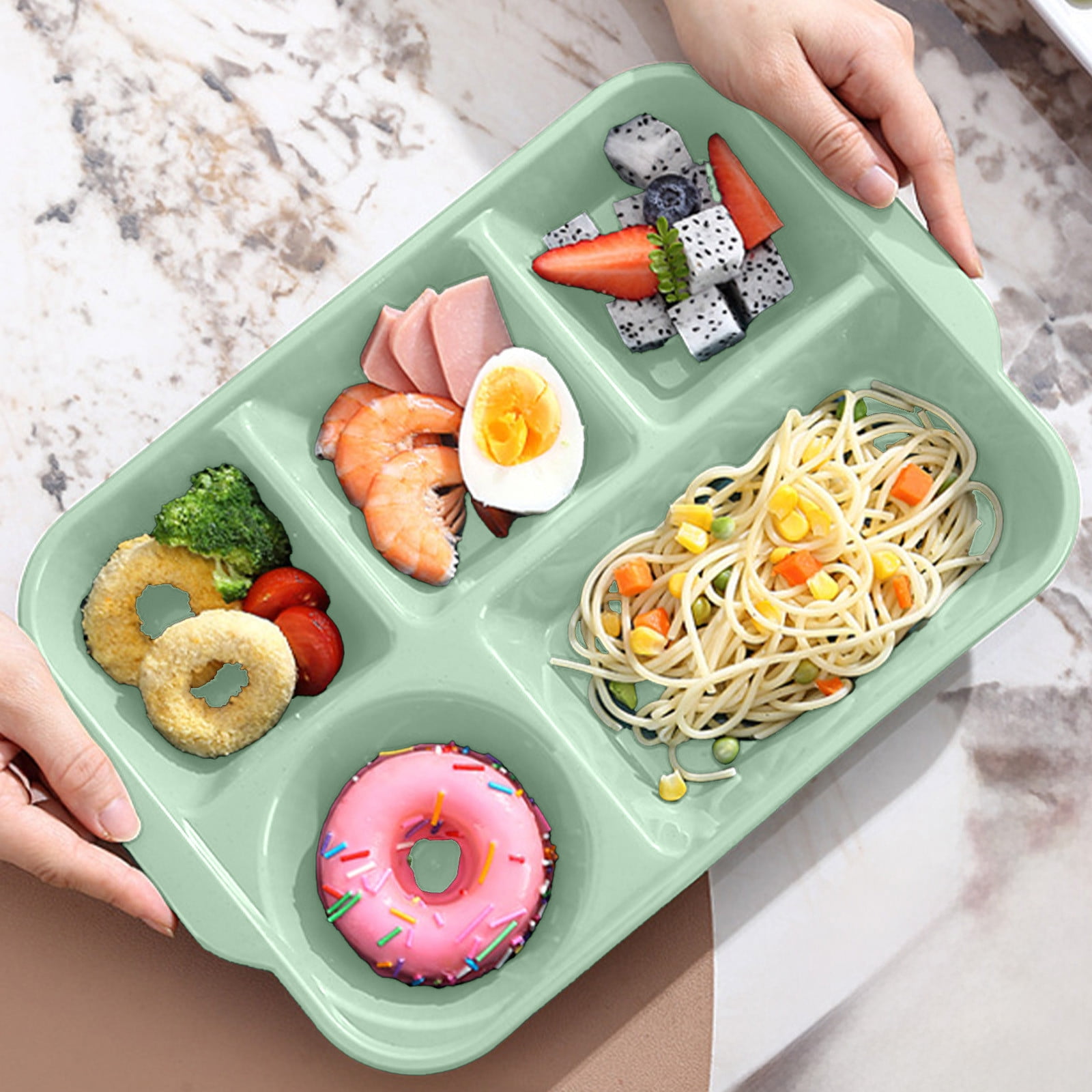 Unbreakable Divided Reusable Plastic Lunch Tray with 6 Compartments, Large Portion Control Plate for Adults, Microwave & Dishwasher Safe for Daily Meals Green - Image 1