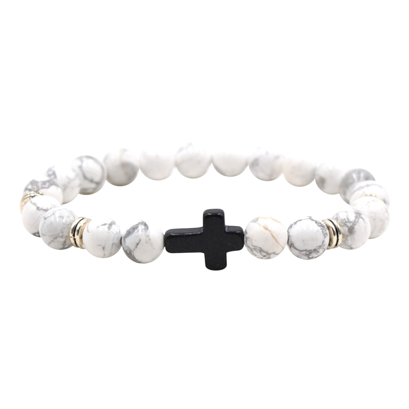 Natural Stone Black Cross Stretch Bracelet Elastic Thread Beaded Unisex Jewelry - One Size Fits Most Wrist, Spiritual Healing Crystal Bead Gift, Black - Image 1