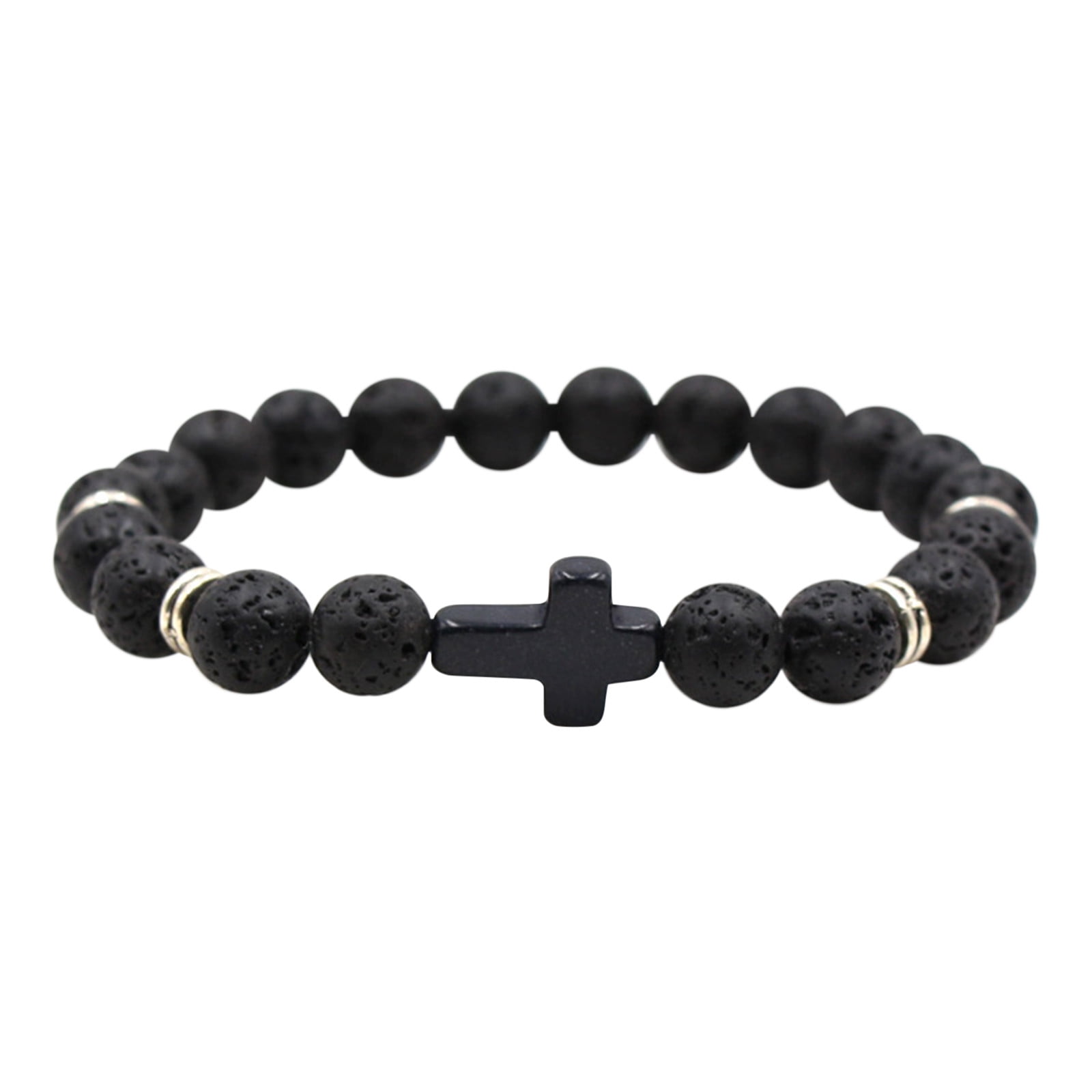 Natural Stone Black Cross Stretch Bracelet Elastic Thread Beaded Unisex Jewelry - One Size Fits Most Wrist, Spiritual Healing Crystal Bead Gift, Grey - Image 1