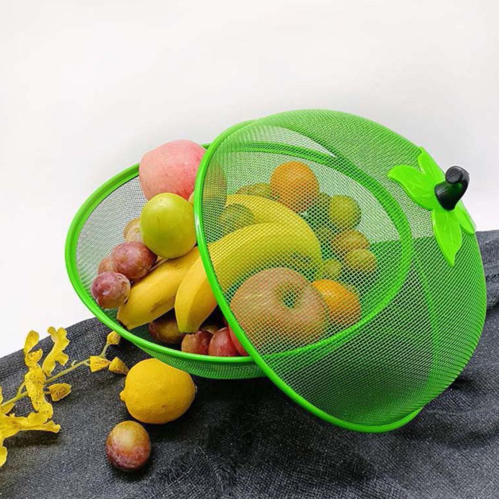 Fruit Basket with Lid Mesh, Apple Shaped Fruit Bowl Cover, Protective Holder Countertop Metal Wire Against Flies, Reusable Strainer for Gift Restaurant Kitchen Food Vegetable (Green/1 Pcs) 9.44