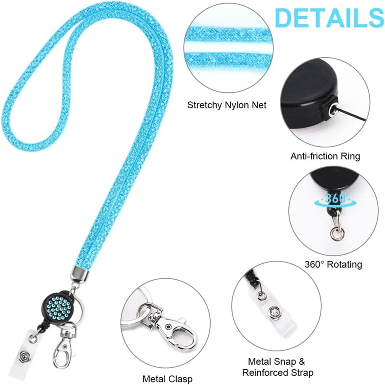 Retractable ID Badge Holder with Bling Neck Strap Lanyard, Heavy Duty Bling Badge Reel with Clear Card Holder for Office Worker Teacher Doctor (Sky Blue/1 Pcs) 3.54x2.64 3.54