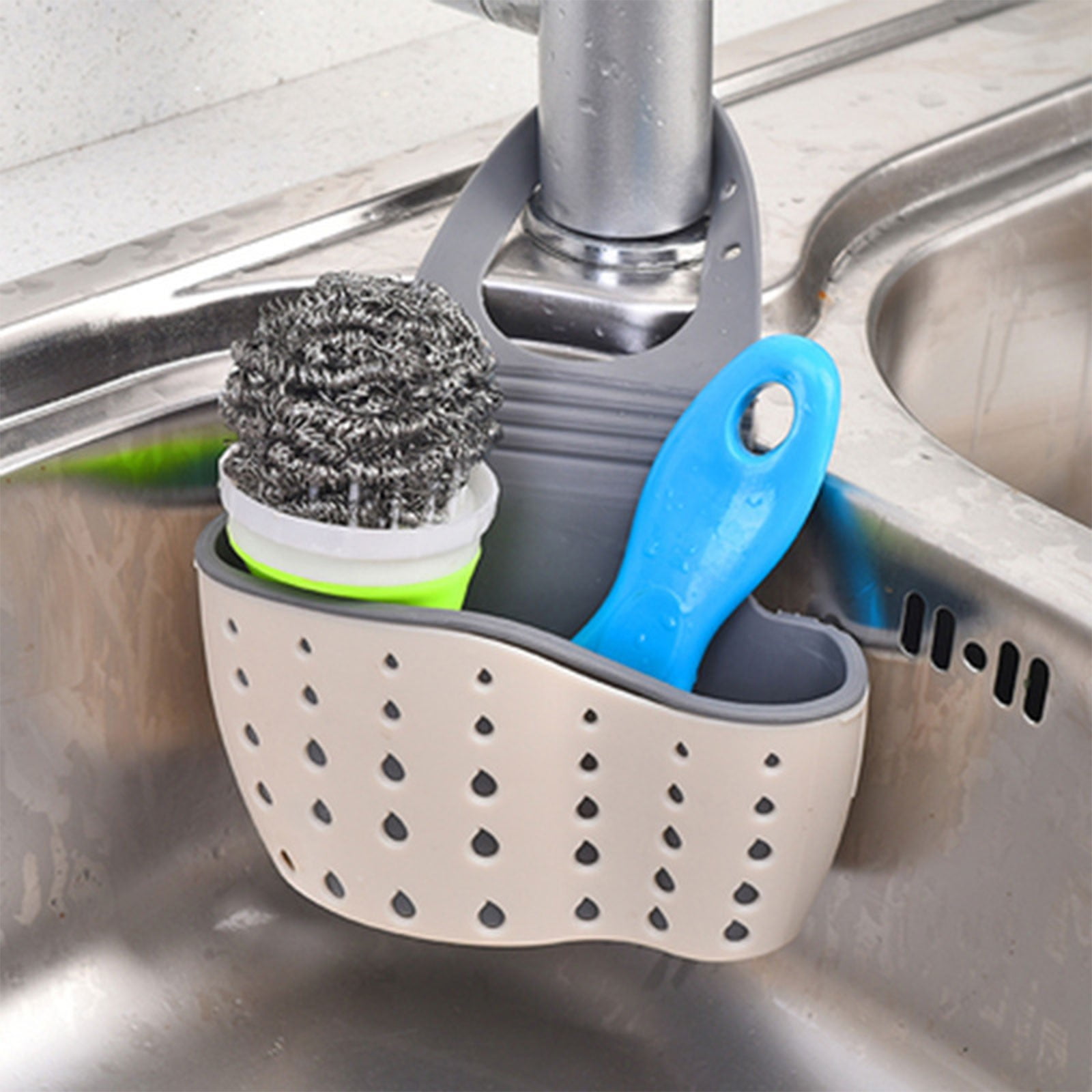 Kitchen Sink Caddy Sponge Holder, Silicone Plastic Soap Holder, Hanging Ajustable Strap Faucet Caddy with Drain Holes for Drying, 1 Pcs, 5.12x8.67 5.12
