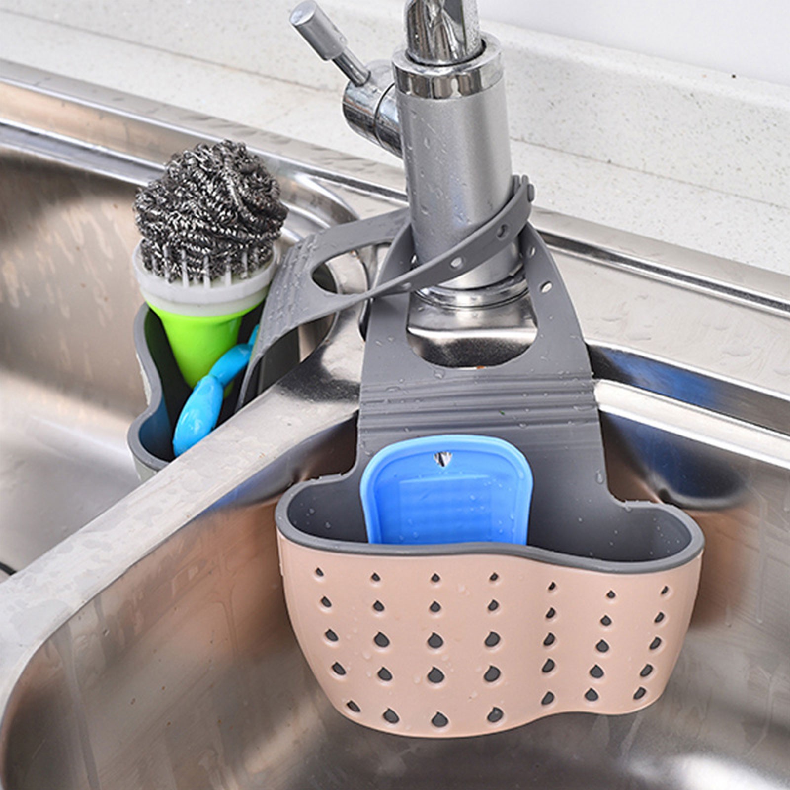 Kitchen Sink Caddy Sponge Holder, Silicone Plastic Soap Holder, Hanging Ajustable Strap Faucet Caddy with Drain Holes for Drying, 1 Pcs, 5.12x8.67 5.12