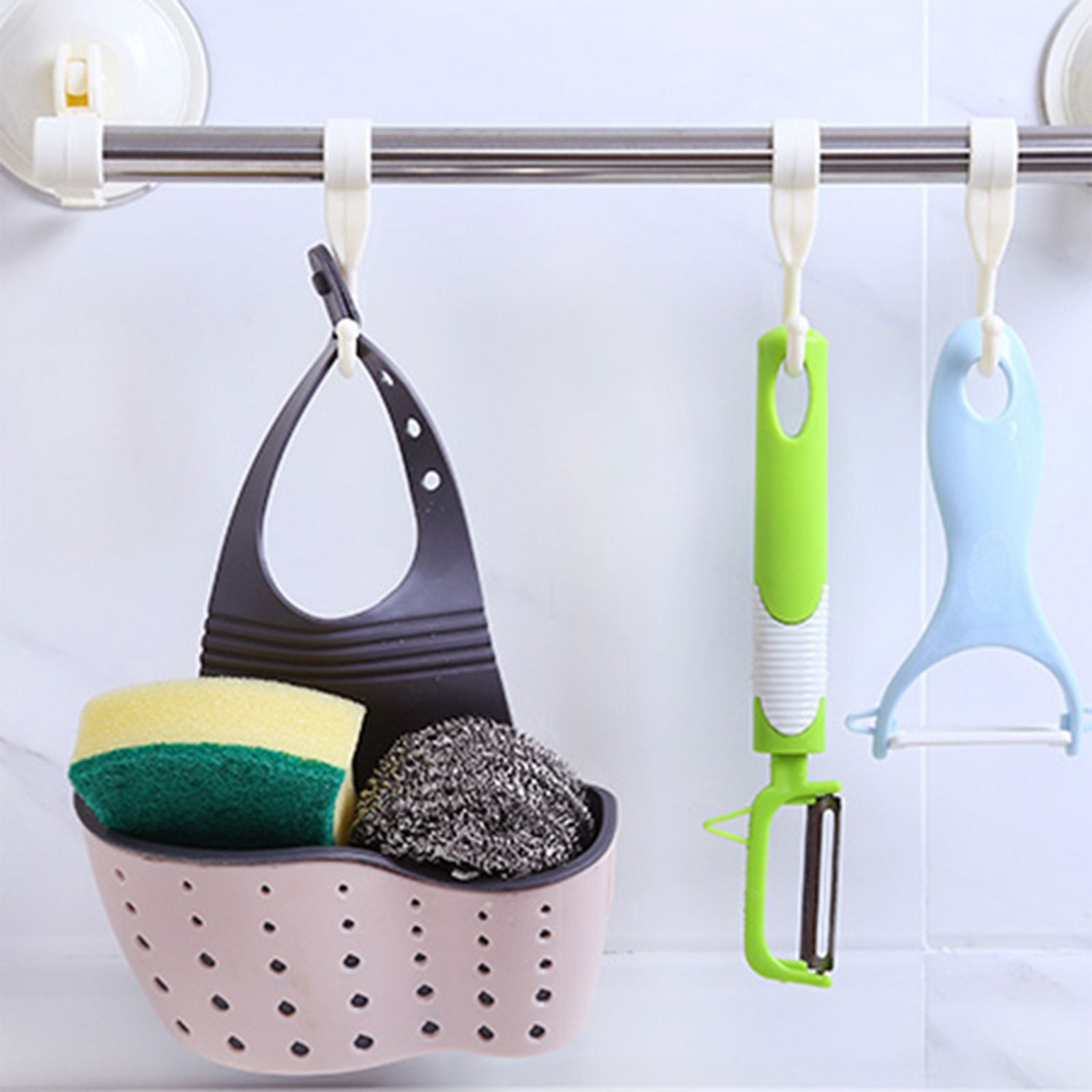 Kitchen Sink Caddy Sponge Holder, Silicone Plastic Soap Holder, Hanging Ajustable Strap Faucet Caddy with Drain Holes for Drying, 1 Pcs, 5.12x8.67 5.12