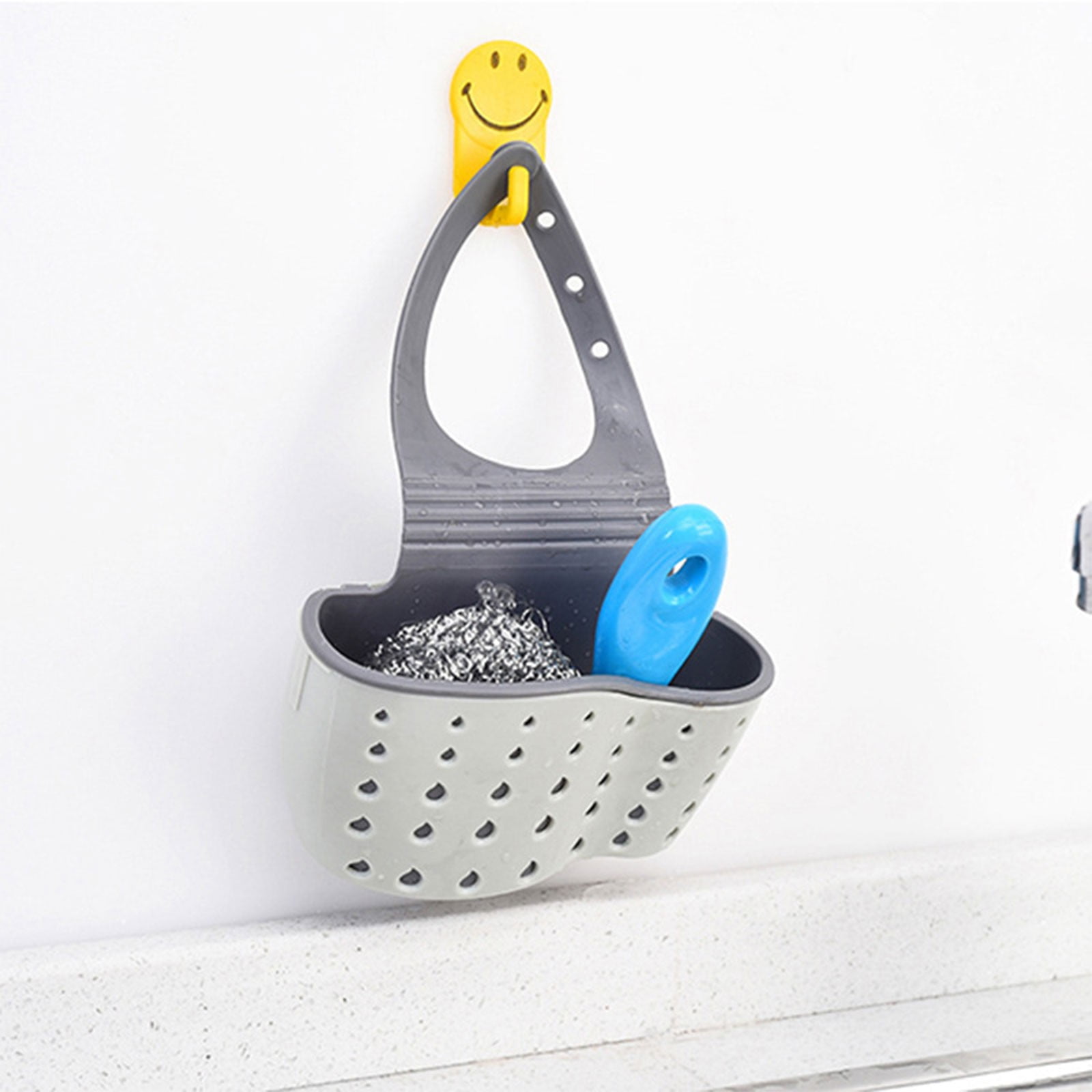 Kitchen Sink Caddy Sponge Holder, Silicone Plastic Soap Holder, Hanging Ajustable Strap Faucet Caddy with Drain Holes for Drying, 1 Pcs, 5.12x8.67 5.12