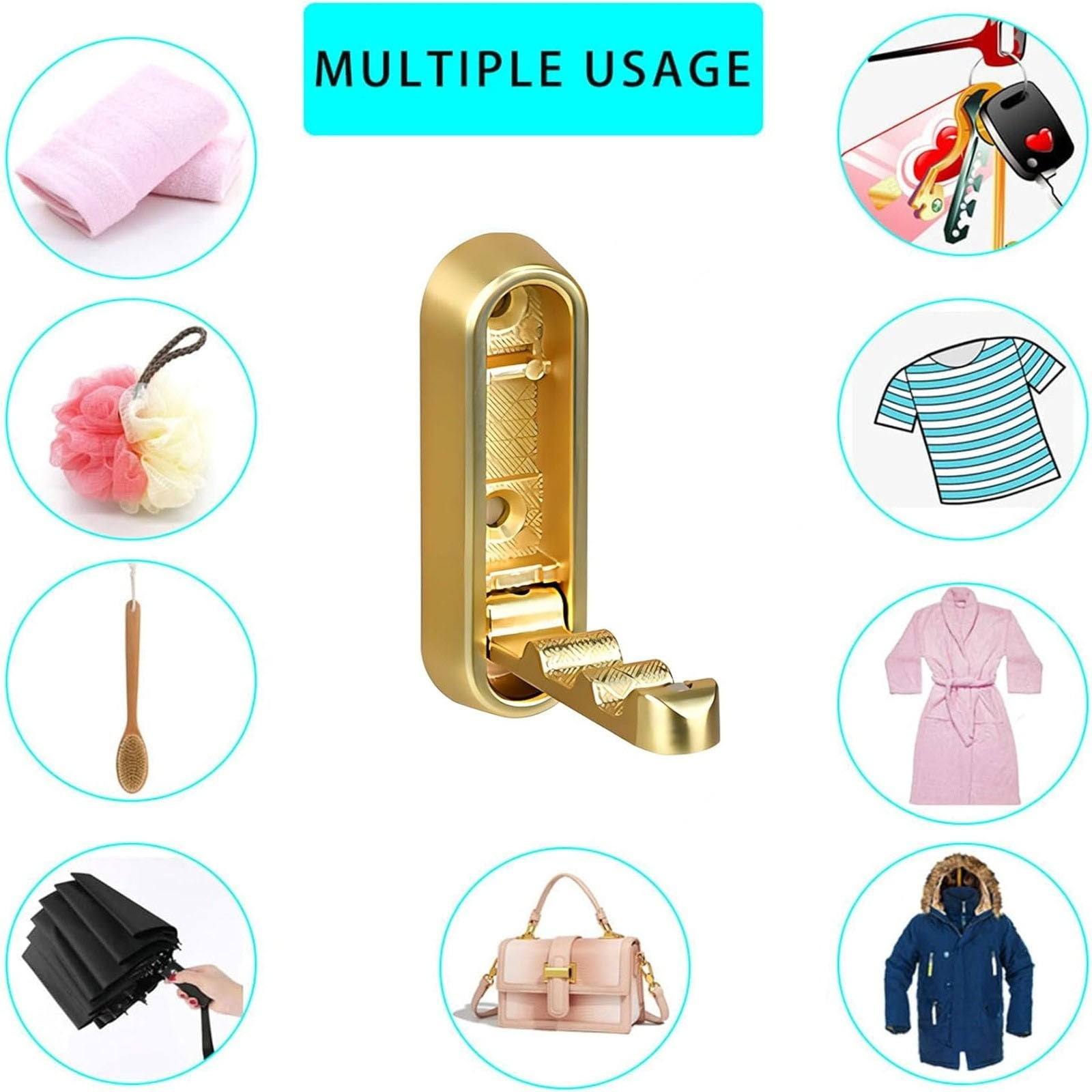 Folding Coat Hook, Heavy Duty Wall Hooks Made of Zinc Alloy, Foldable Gold Wall Hooks for Hanging Coats, Scarves, Hats, Bathrobes, Keys, Bags (Gold/1 Pcs) 2.9x0.9 2.9