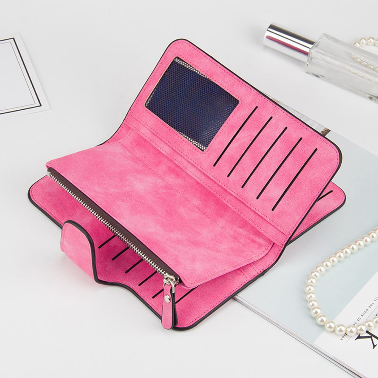 Women's Wallets,Soft Leather Bifold Compact Card Holder Wallet for Women with Zipper, Blocking Leather Clutch Wallet Credit Card Holder, Ladies Travel Wallet Purse,10 Colors(pink) Black - Image 3