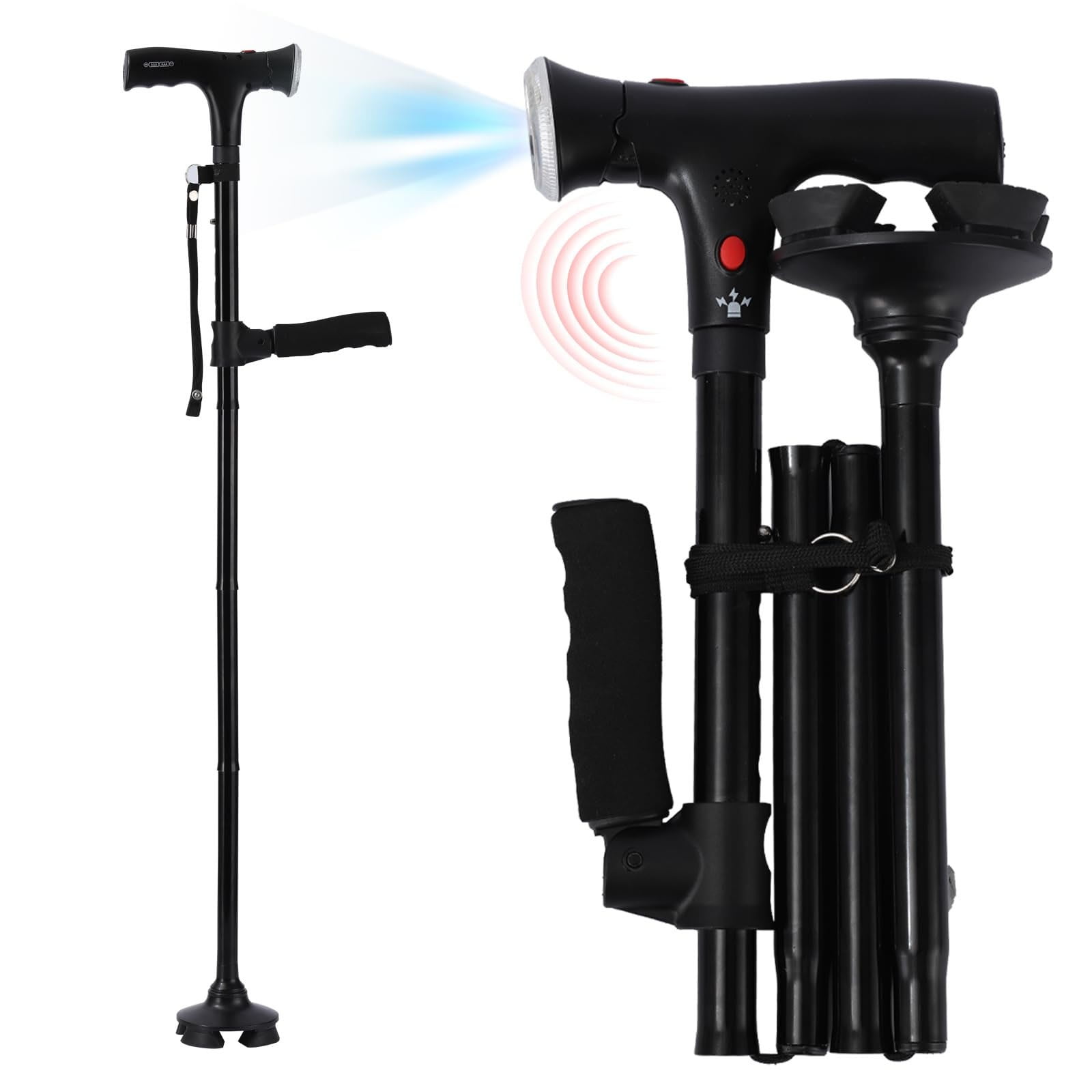 Walking Cane with Led Light and Alarm, Heavy Duty Folding Cane, Adjustable Cane Suitable for Arthritis Disabled and Elderly, Cane with Cushioned T Handle and Swivel Four Pedestal, 6.2x12.4 6.2