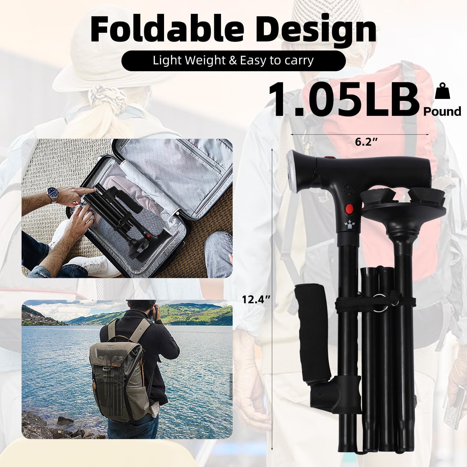 Walking Cane with Led Light and Alarm, Heavy Duty Folding Cane, Adjustable Cane Suitable for Arthritis Disabled and Elderly, Cane with Cushioned T Handle and Swivel Four Pedestal, 6.2x12.4 6.2