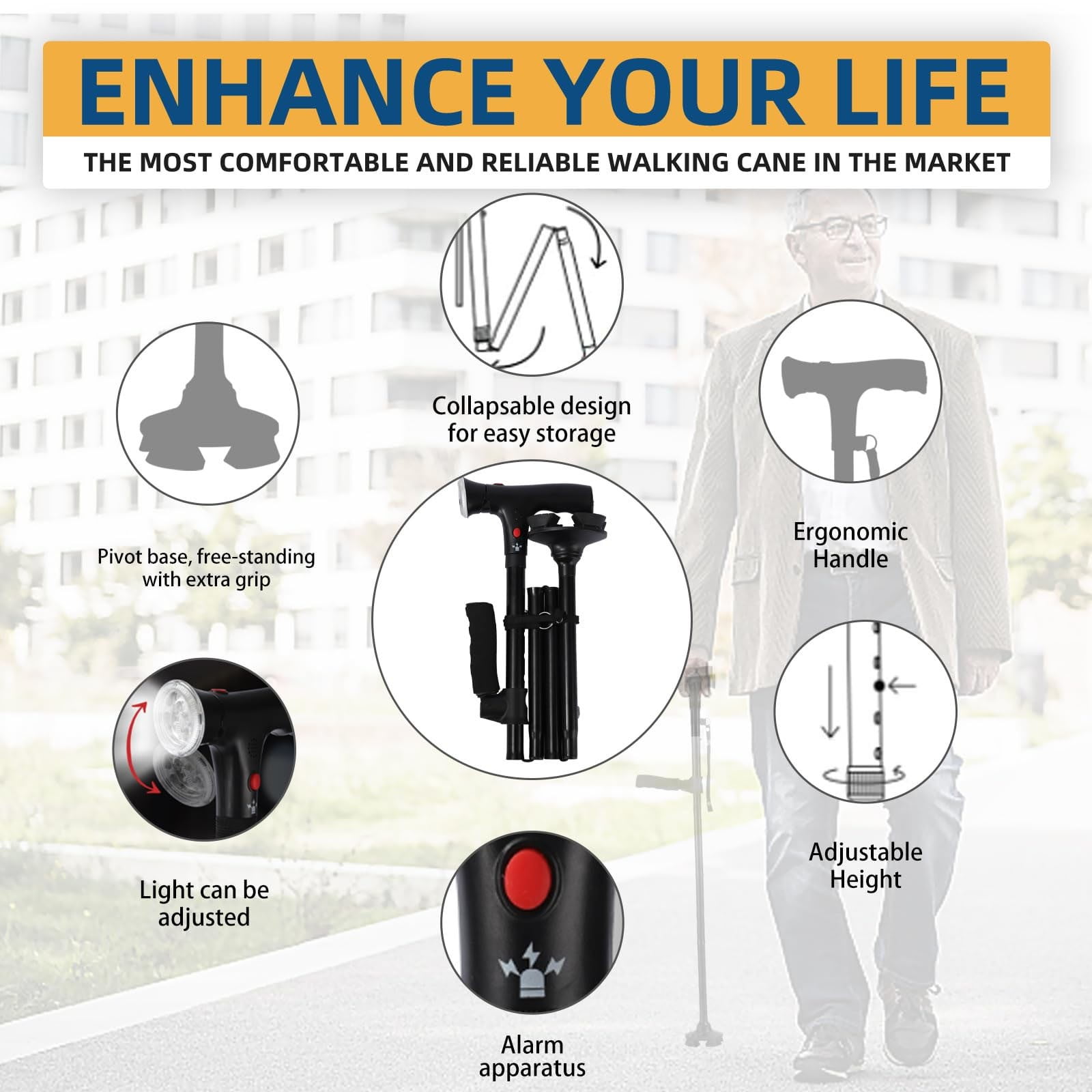 Walking Cane with Led Light and Alarm, Heavy Duty Folding Cane, Adjustable Cane Suitable for Arthritis Disabled and Elderly, Cane with Cushioned T Handle and Swivel Four Pedestal, 6.2x12.4 6.2