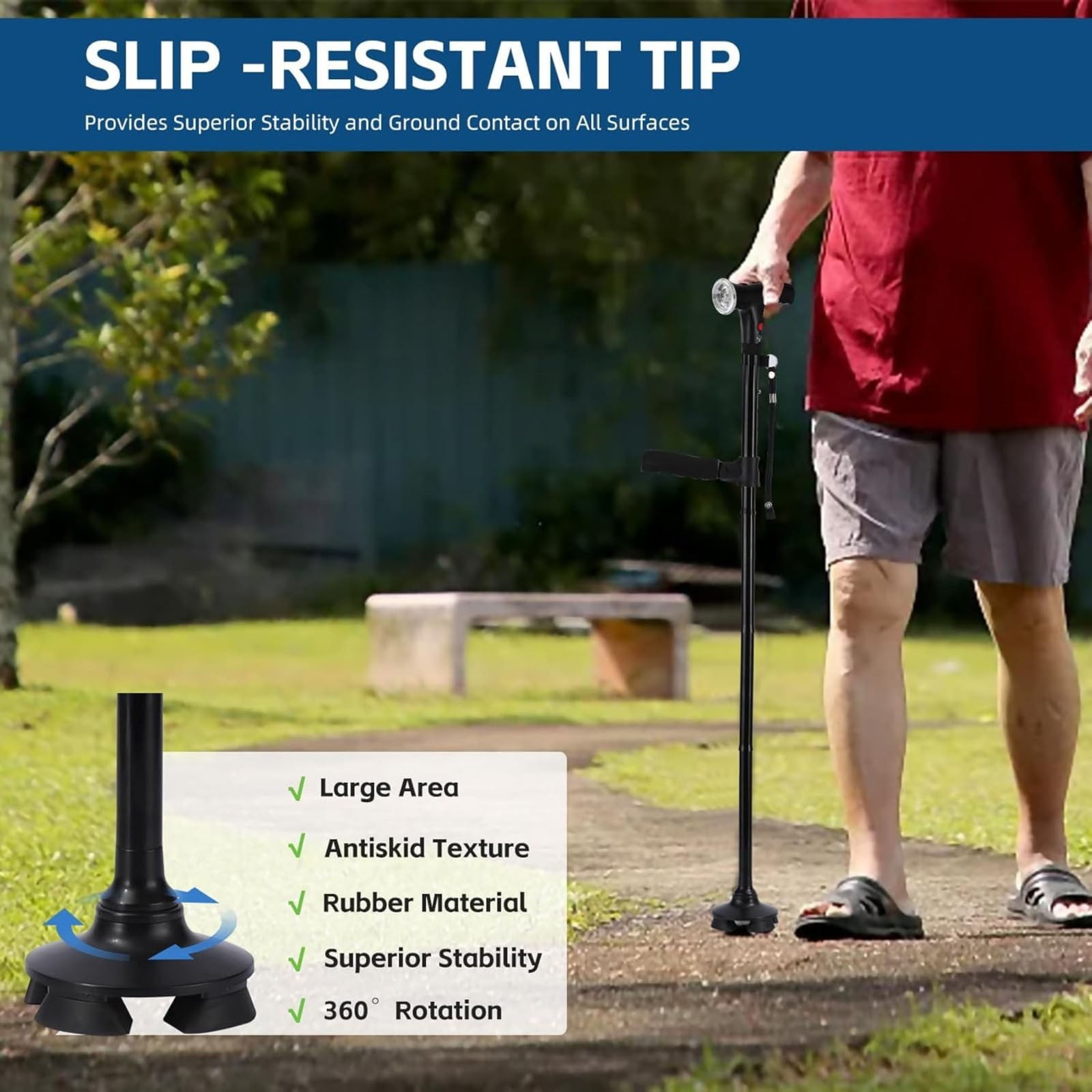 Walking Cane with Led Light and Alarm, Heavy Duty Folding Cane, Adjustable Cane Suitable for Arthritis Disabled and Elderly, Cane with Cushioned T Handle and Swivel Four Pedestal, 6.2x12.4 6.2