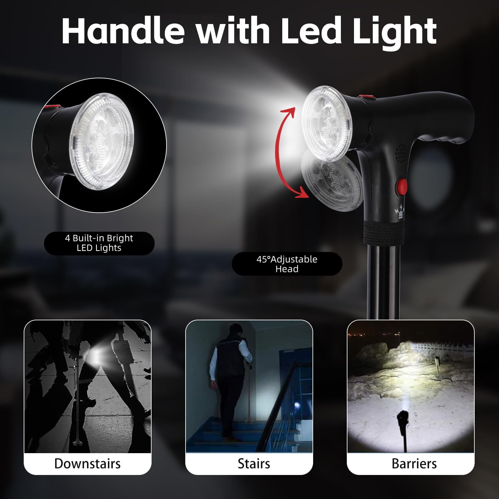 Walking Cane with Led Light and Alarm, Heavy Duty Folding Cane, Adjustable Cane Suitable for Arthritis Disabled and Elderly, Cane with Cushioned T Handle and Swivel Four Pedestal, 6.2x12.4 6.2