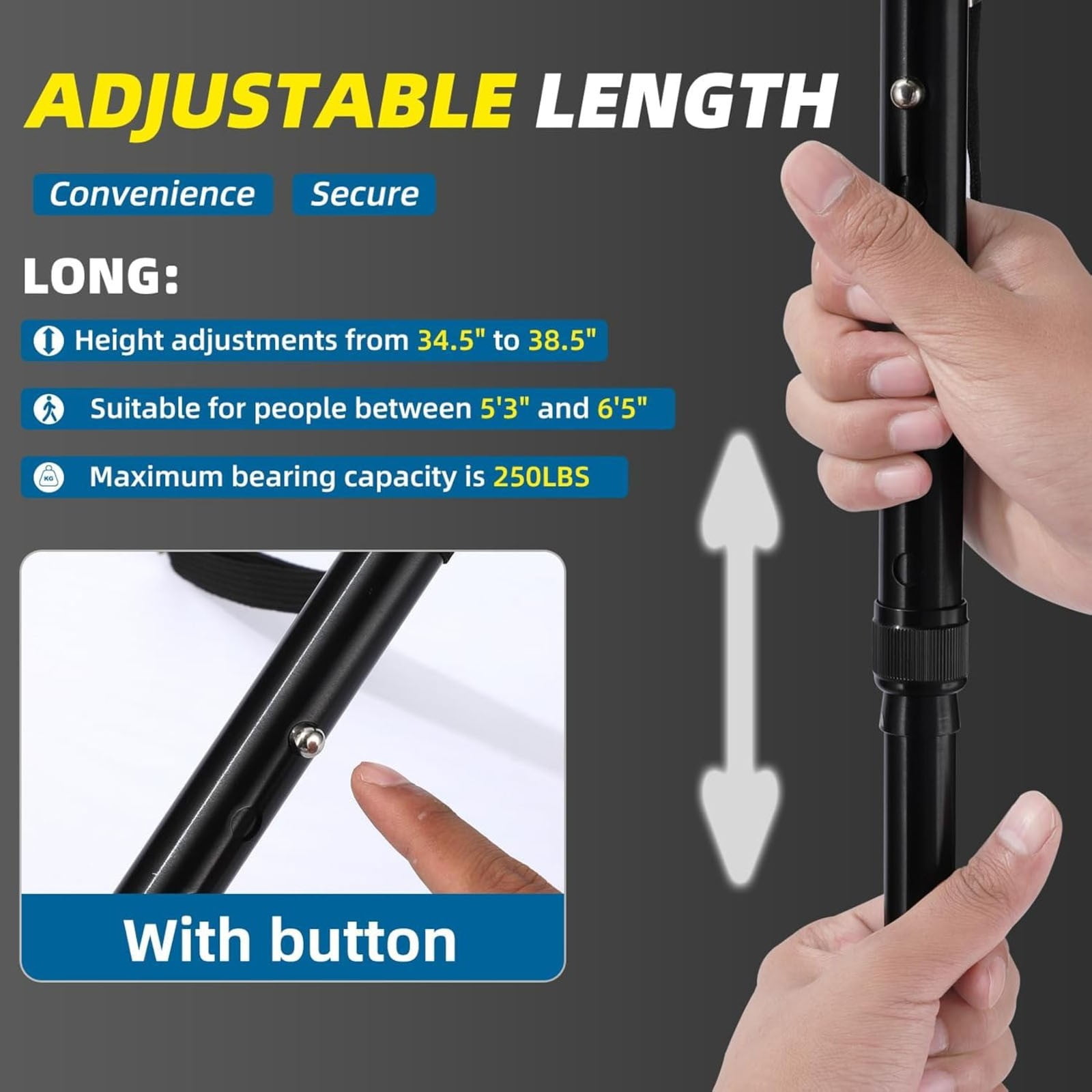 Walking Cane with Led Light and Alarm, Heavy Duty Folding Cane, Adjustable Cane Suitable for Arthritis Disabled and Elderly, Cane with Cushioned T Handle and Swivel Four Pedestal, 6.2x12.4 6.2