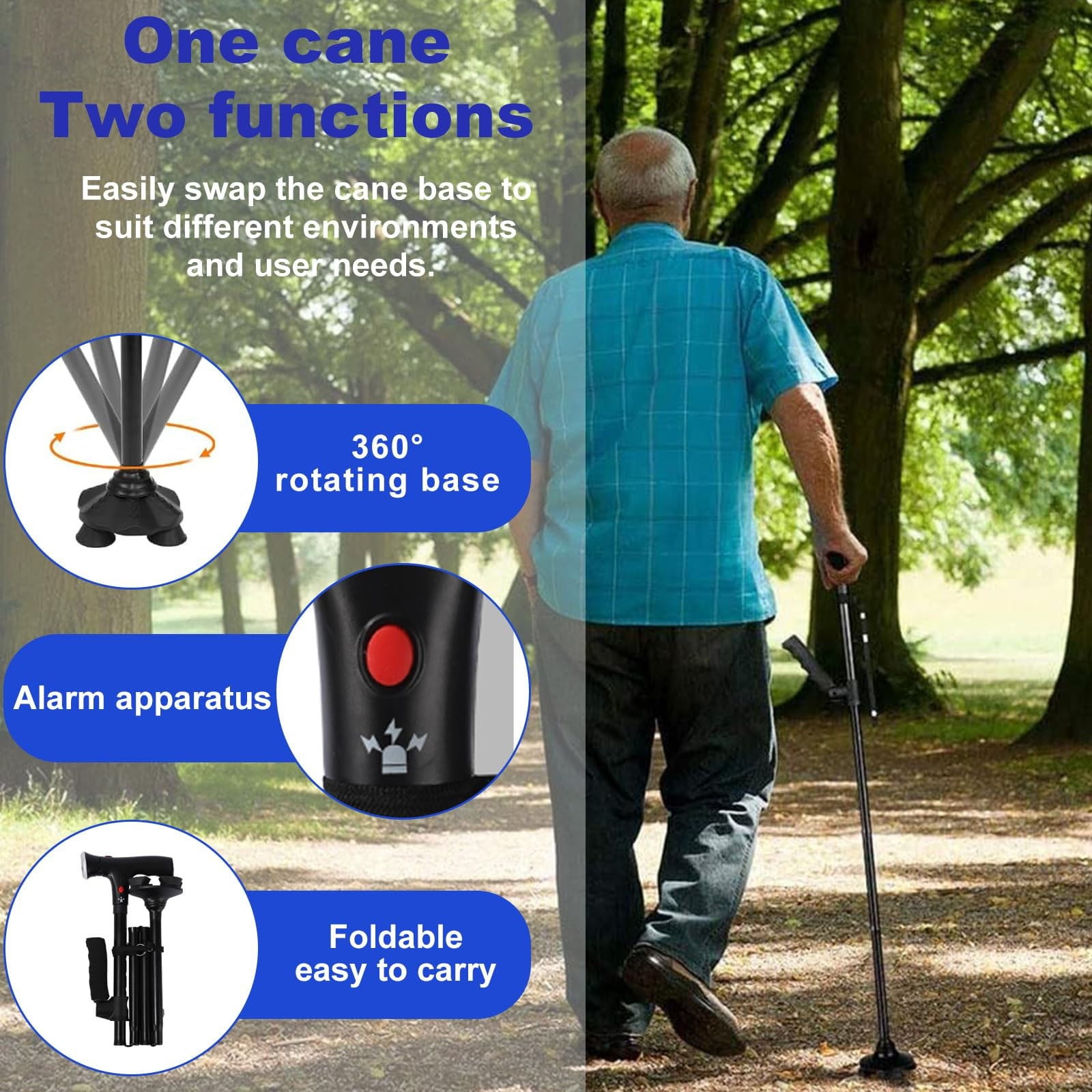 Walking Cane with Led Light and Alarm, Heavy Duty Folding Cane, Adjustable Cane Suitable for Arthritis Disabled and Elderly, Cane with Cushioned T Handle and Swivel Four Pedestal, 6.2x12.4 6.2