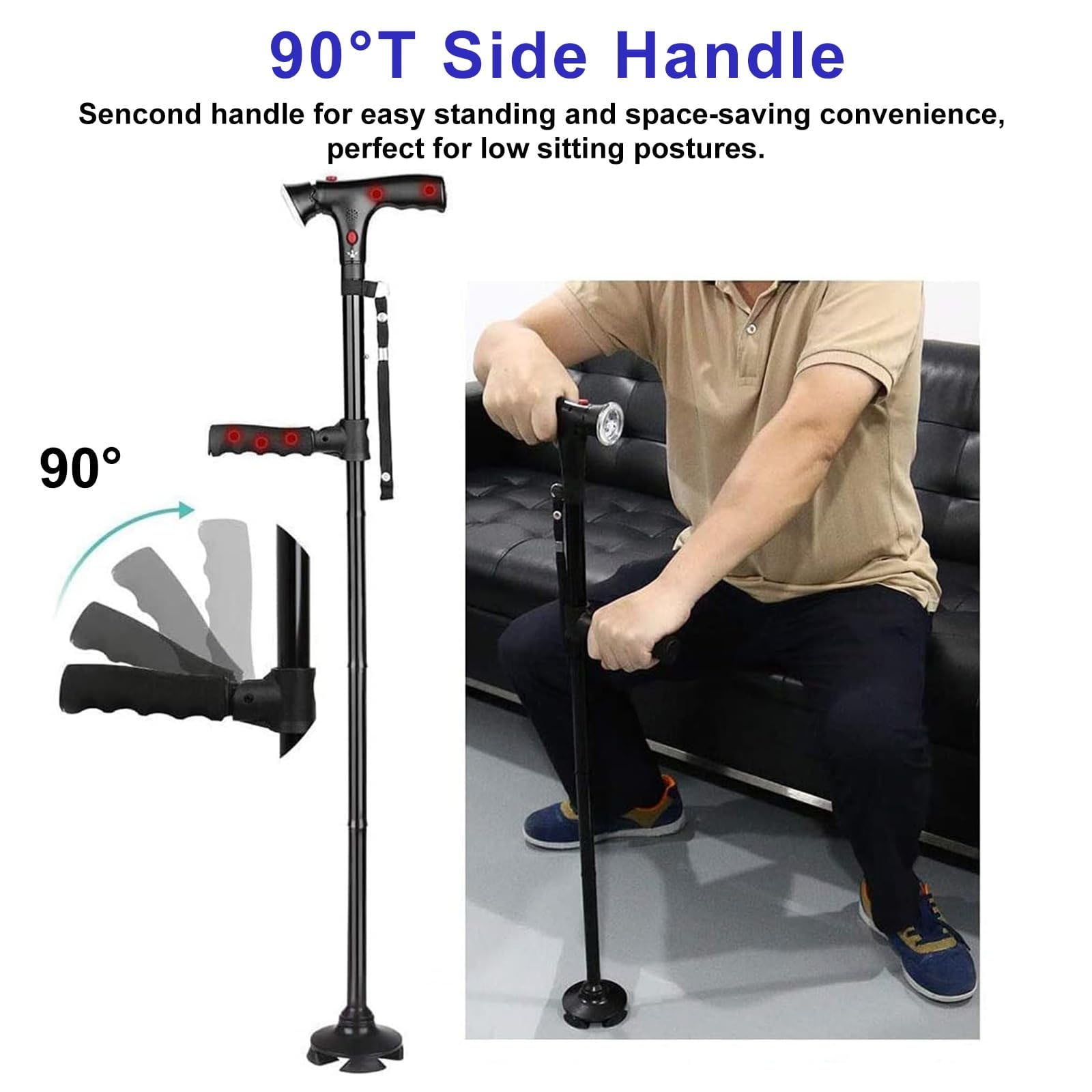 Walking Cane with Led Light and Alarm, Heavy Duty Folding Cane, Adjustable Cane Suitable for Arthritis Disabled and Elderly, Cane with Cushioned T Handle and Swivel Four Pedestal, 6.2x12.4 6.2