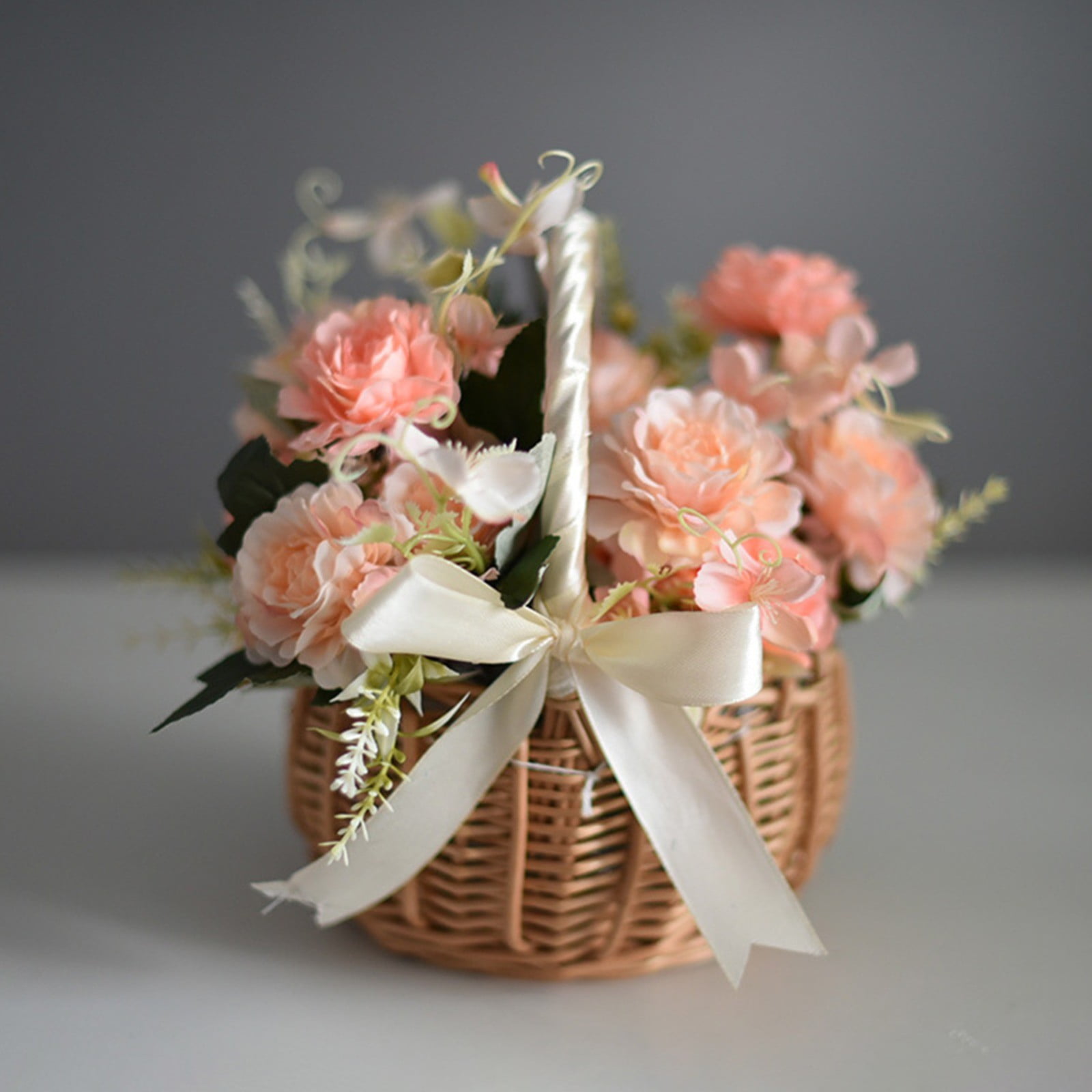 Wedding Flower Girl Basket, Wicker Rattan Flower Basket with Handle, Petal Basket Candy Storage Basket , Rattan Box Home Decoration, Khaki, 5.9x7.48 5.9