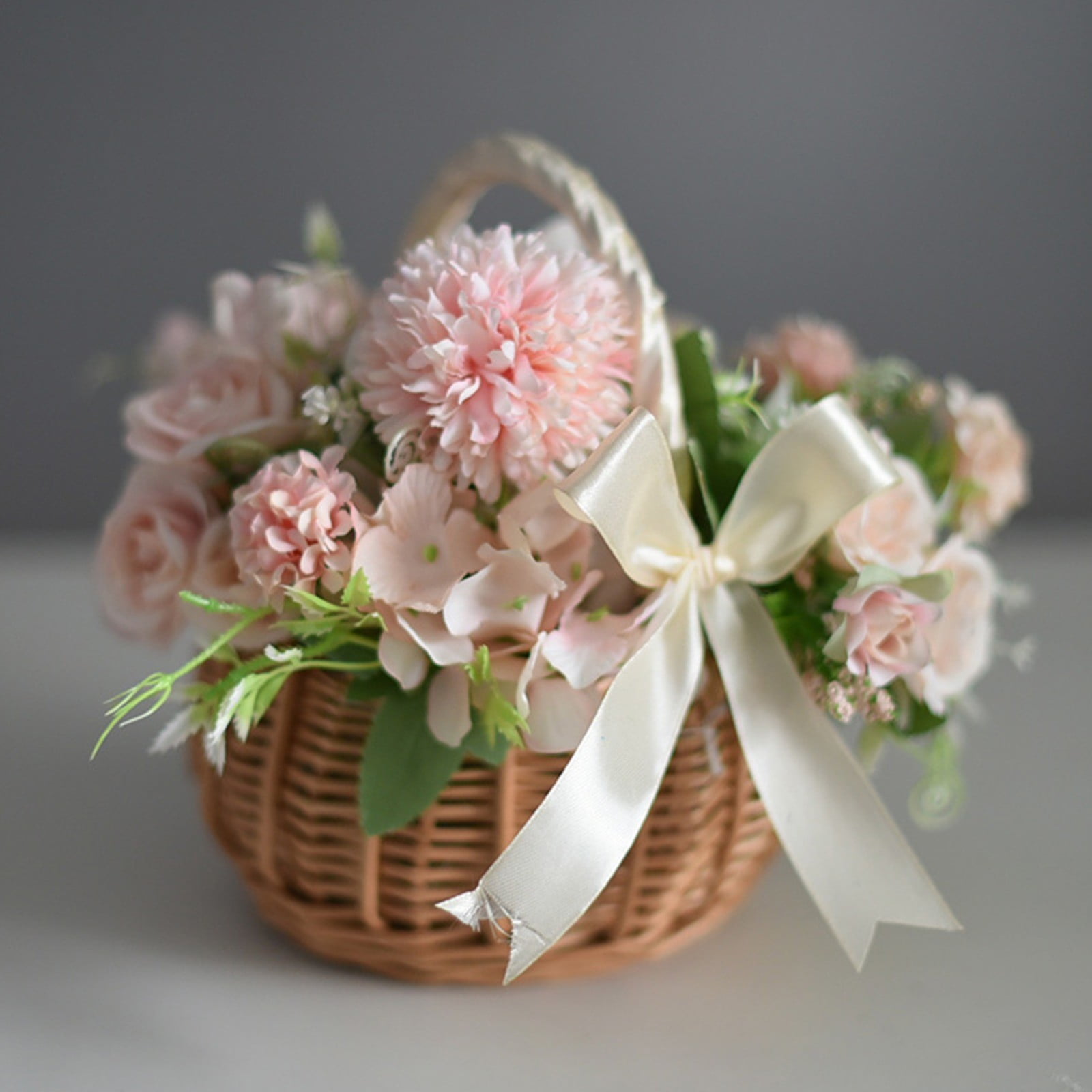 Wedding Flower Girl Basket, Wicker Rattan Flower Basket with Handle, Petal Basket Candy Storage Basket , Rattan Box Home Decoration, Khaki, 5.9x7.48 5.9