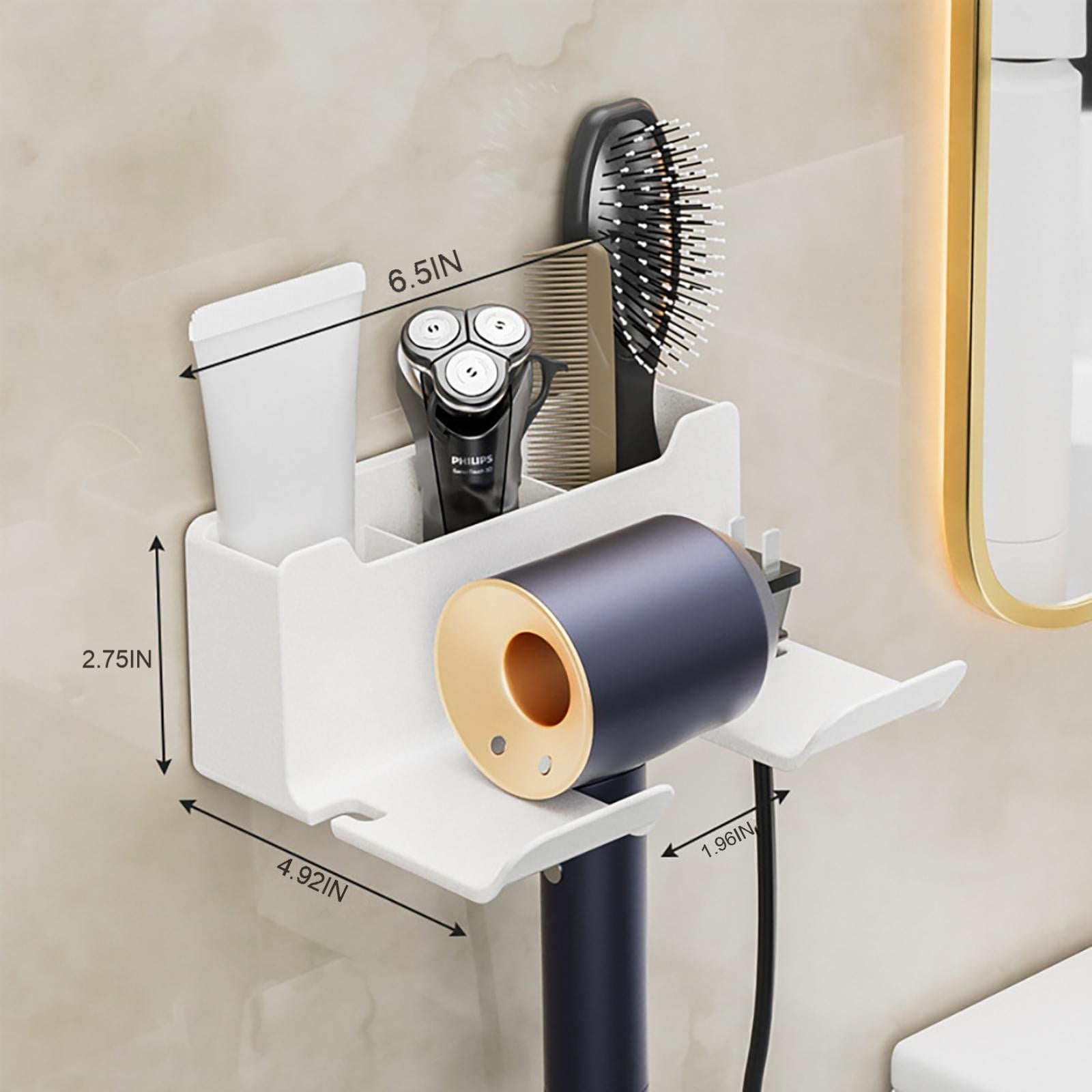 Hair Dryer Holder Wall Mounted, Self-Adhesive Blow Dryer Holder with 3 Storage Compartments, Plastic Hair Tool Organizer for Cabinet Bathroom, White, 6.5x2.75x4.92 6.5