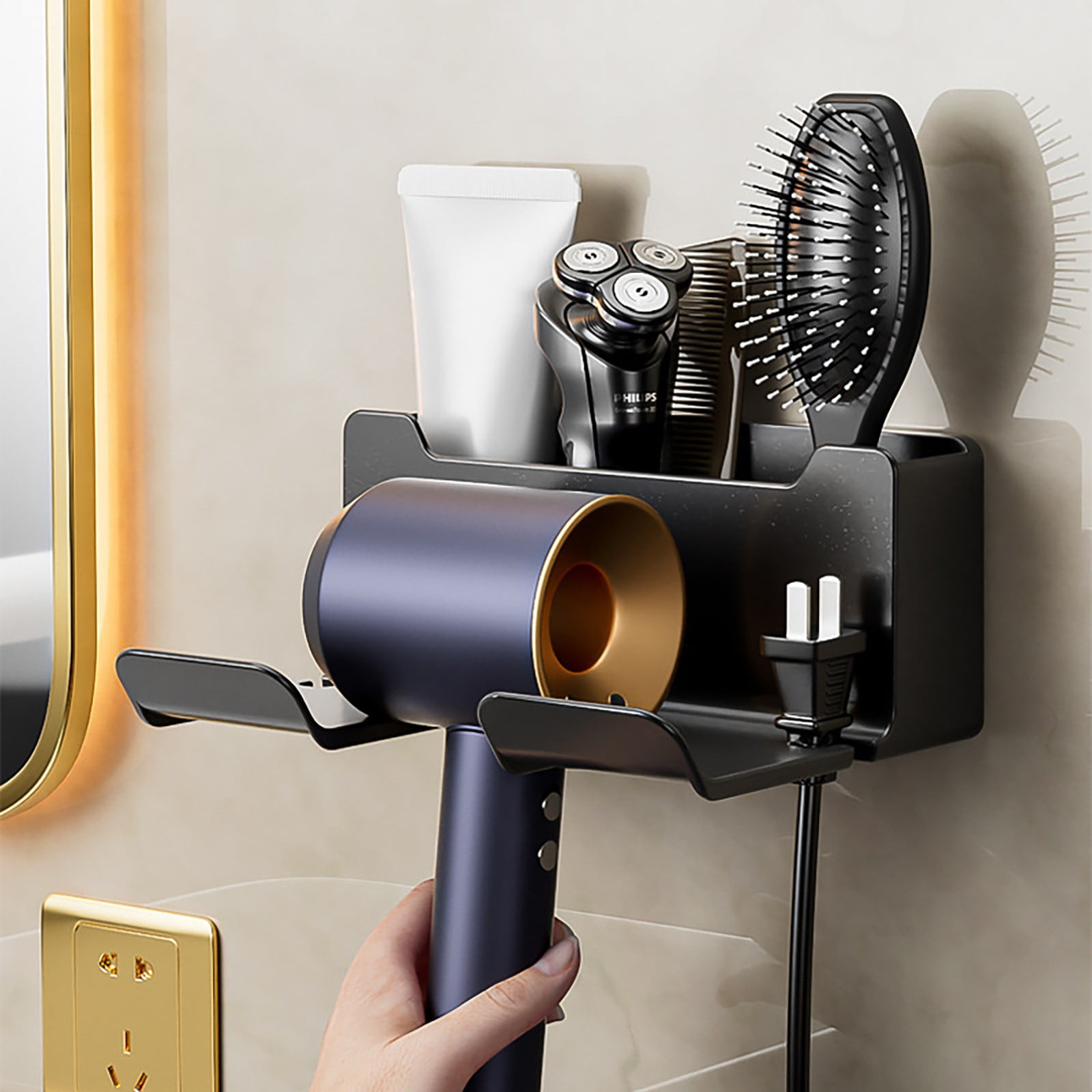 Hair Dryer Holder Wall Mounted, Self-Adhesive Blow Dryer Holder with 3 Storage Compartments, Plastic Hair Tool Organizer for Cabinet Bathroom, White, 6.5x2.75x4.92 6.5