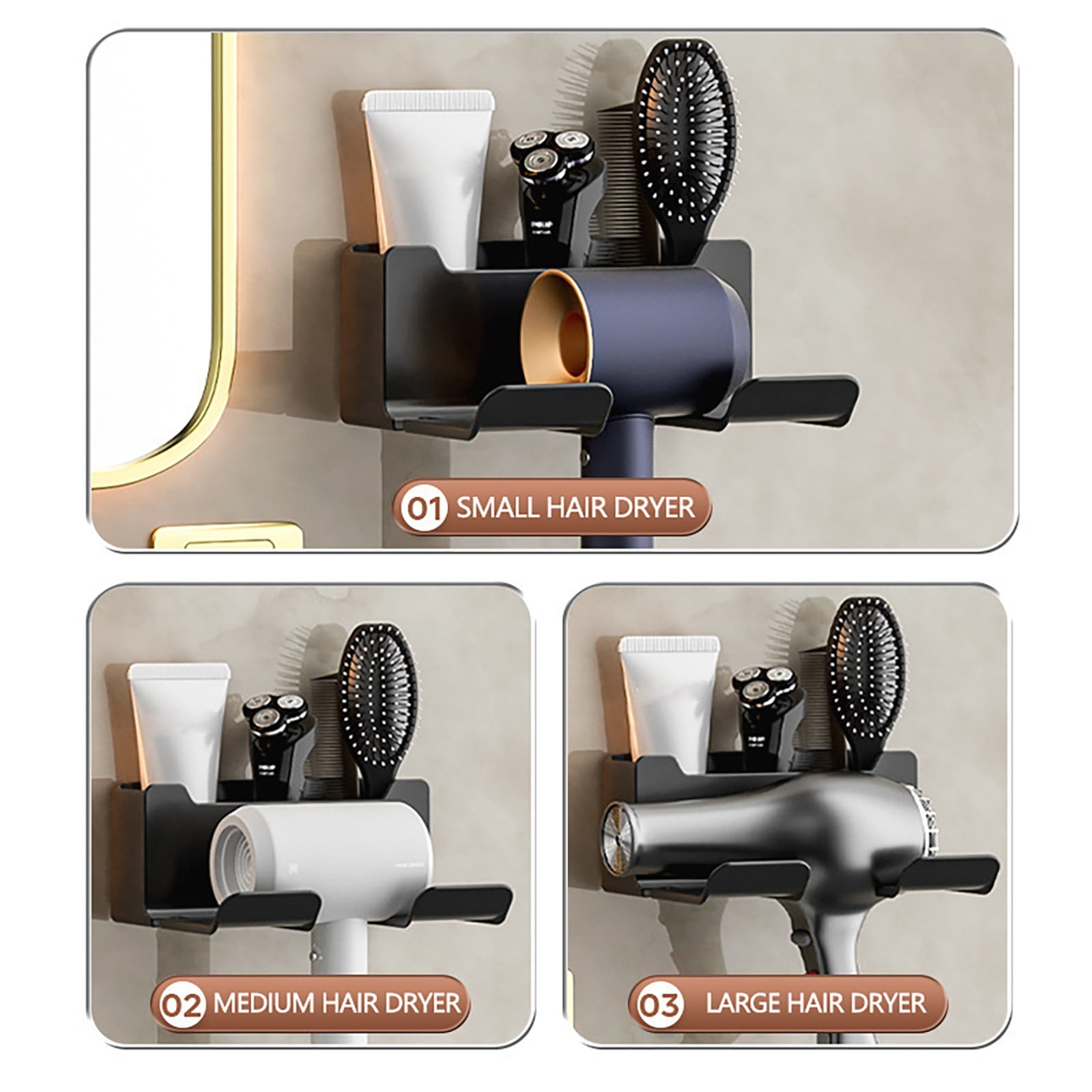Hair Dryer Holder Wall Mounted, Self-Adhesive Blow Dryer Holder with 3 Storage Compartments, Plastic Hair Tool Organizer for Cabinet Bathroom, White, 6.5x2.75x4.92 6.5