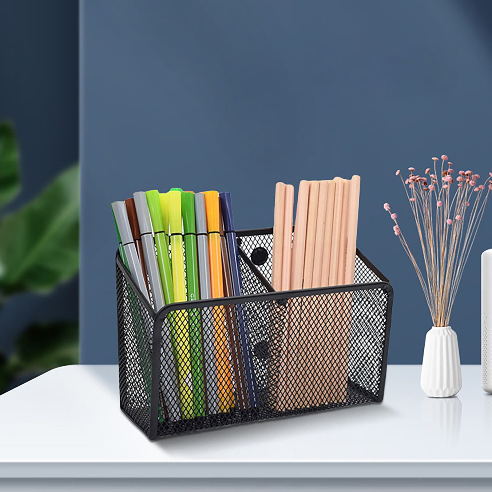 Magnetic Pen Holder, Heavy Duty 2 Slot Mesh Pencil & Marker Organizer for Desk, Extra Strong Magnets for Locker, Refrigerator, Dry Erase Board, Whiteboard Storage Solution, 7.28x2.68x4.92 3.35