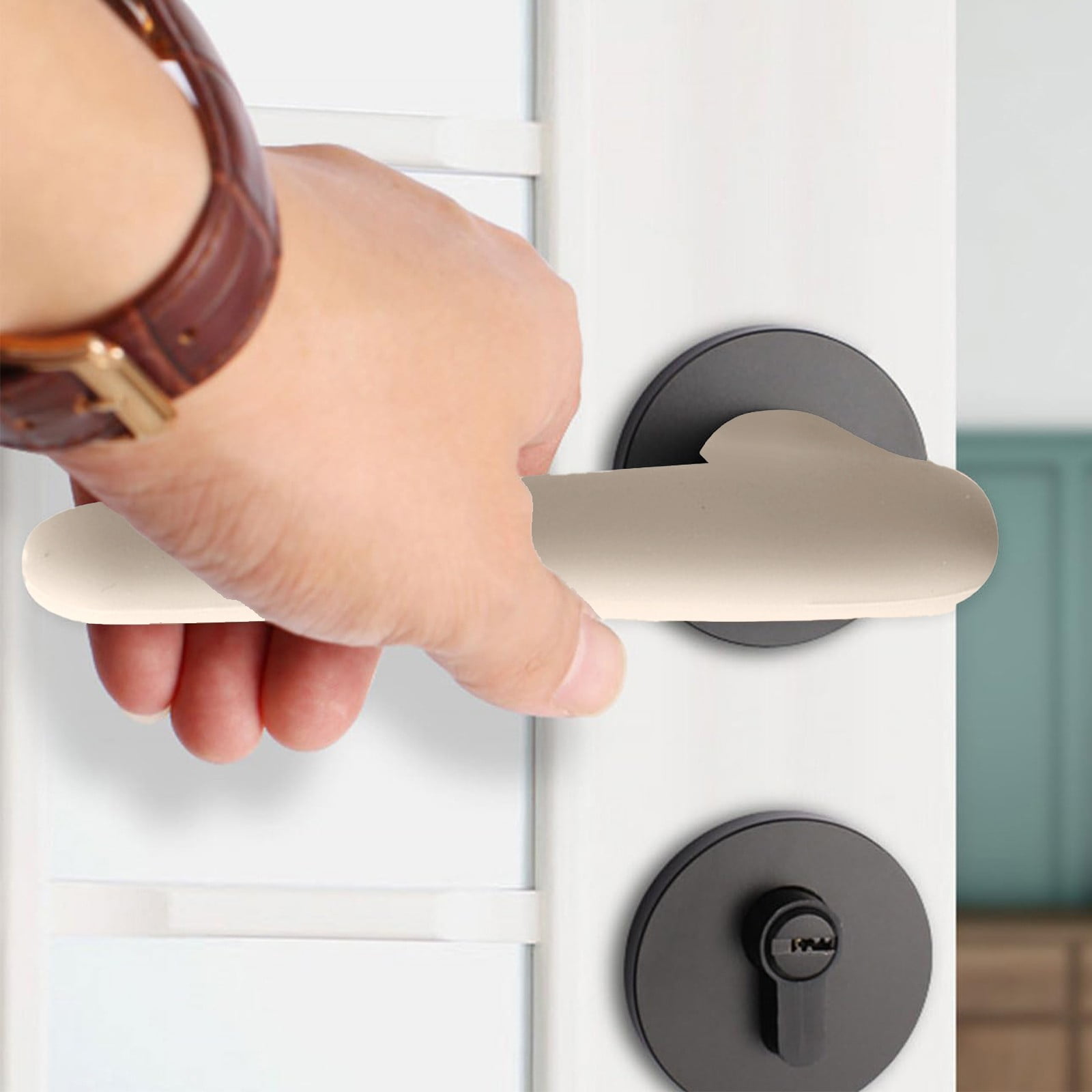 Door Handle Covers, Heavy Duty Door Knob Covers Silicone Door Handle Glove Covers Anti-Static Safety Door Knob Protector for Flat Square Door Levers (Beige/1 Pcs) 5.31x2.17 5.31