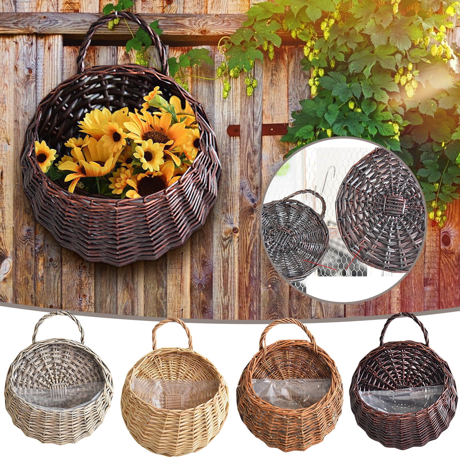 Wicker Storage Basket with Handles,Wall Pot Hanging Basket Storage Small Wicker Basket, Woven Handmade Basket Basket Flower Patio & Garden,Handwoven Craft,Leak Proof Lining,6.3x8.27',Beige Grey - Image 5